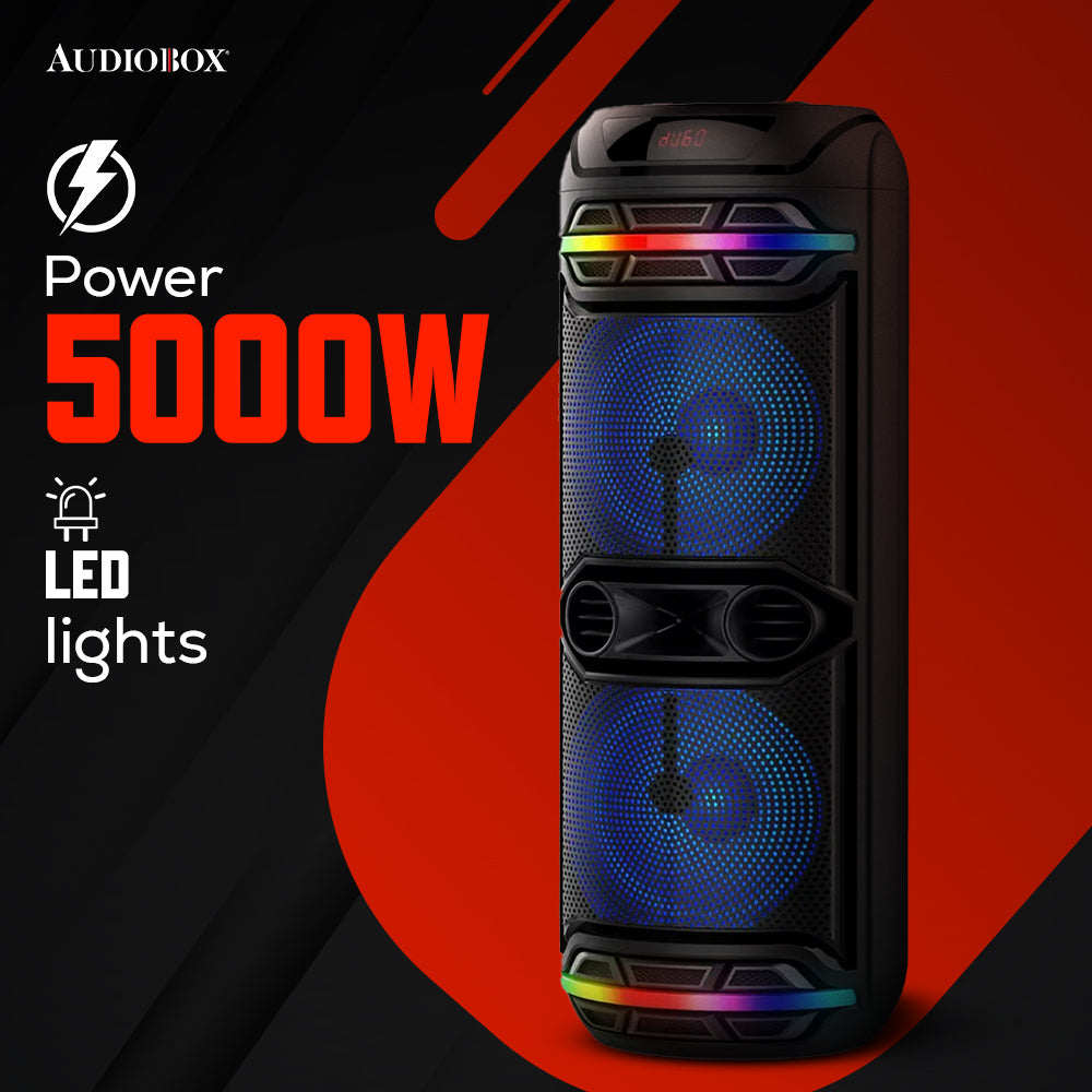Loud Rechargeable Bluetooth Party Speaker – Dual 12” Woofers, Deep Bass, Clear Highs & Lows, LED Lights, Wireless Mic, USB, FM Radio, 40W RMS