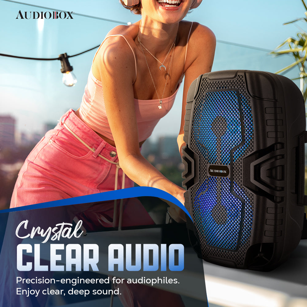 ABX-2260R Rechargeable Bluetooth Party Speaker – Dual 6.5” Woofers, LED Lights, FM Radio, USB, Micro SD, TW.S, Mic Included