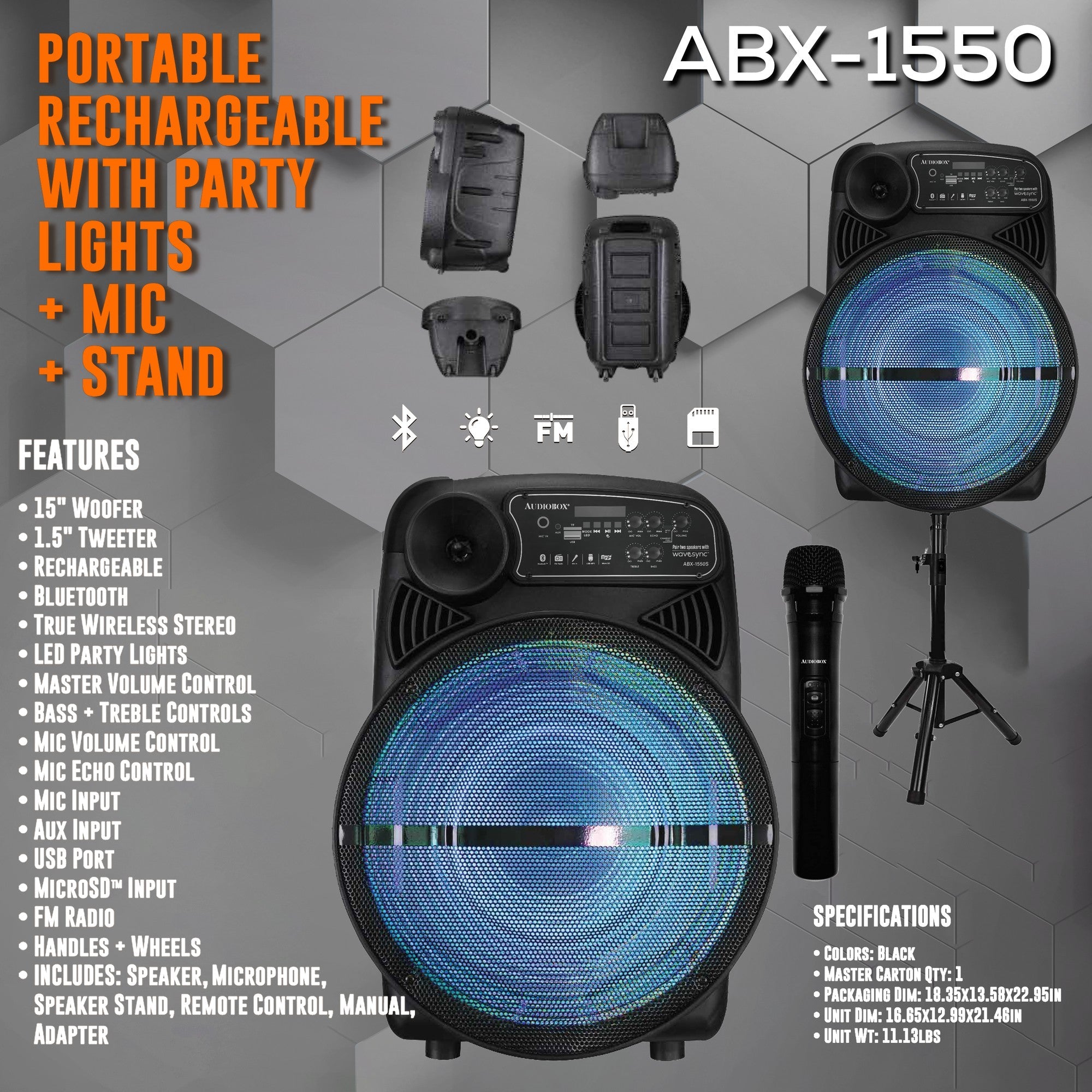 ABX - 1550S 15" Portable Bluetooth Speaker w/ LED Lights, Stand & Wireless Mic - Top ElectrosSpeakersABX - 1550S810059432505