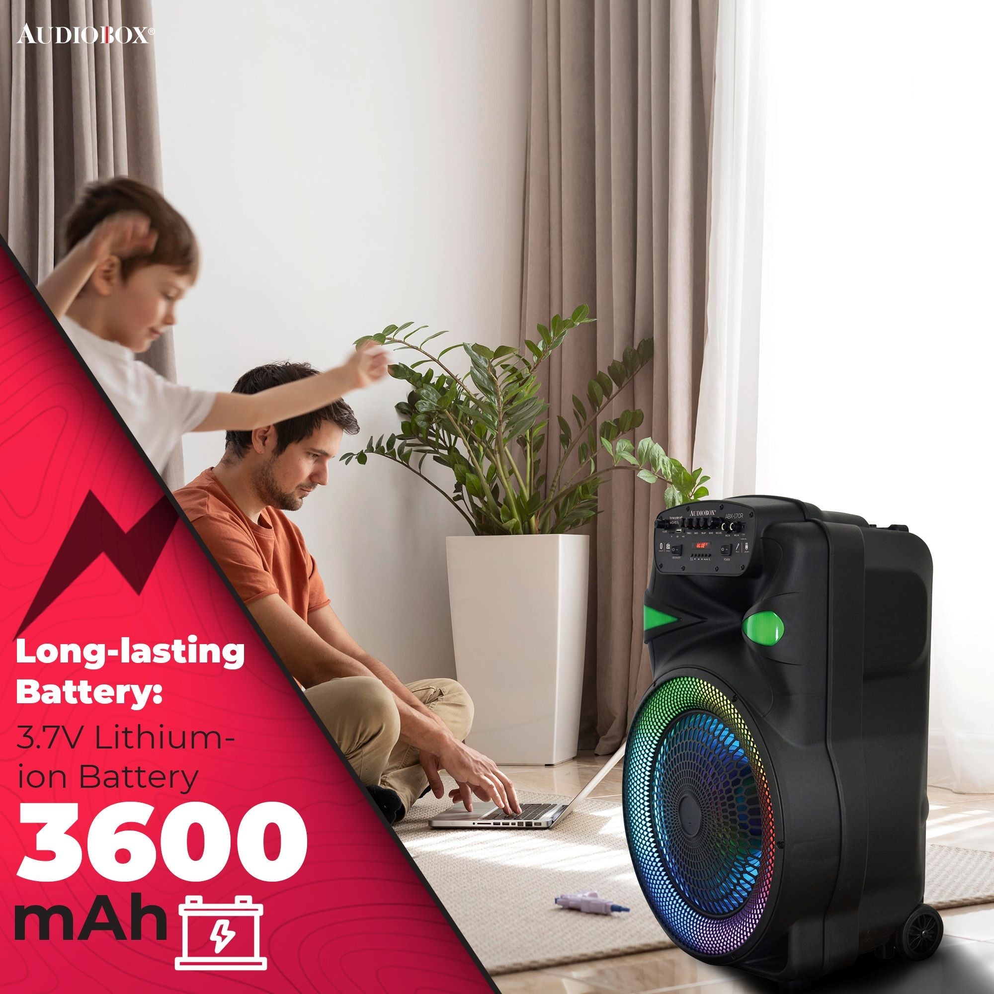 ABX-170R Portable 15" PA Speaker with Party Lights, Microphone, and Wheel Trolley - Ideal for Karaoke & Events - Top ElectrosSpeakersABX-170R810059431973