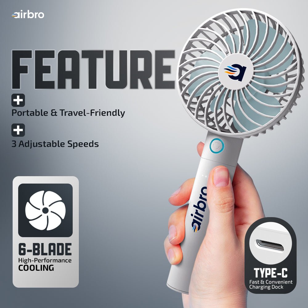 Airbro FHA - 30 Handheld Portable Fan with 2600mAh Power Bank, 6 - Blade Design, 3 Adjustable Speeds, and Charging Dock - Frosted White - Top ElectrosFanFHA - 30