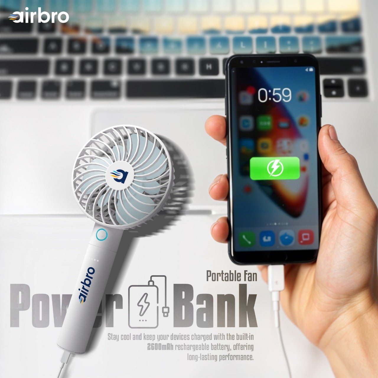 Airbro FHA - 30 Handheld Portable Fan with 2600mAh Power Bank, 6 - Blade Design, 3 Adjustable Speeds, and Charging Dock - Frosted White - Top ElectrosFanFHA - 30