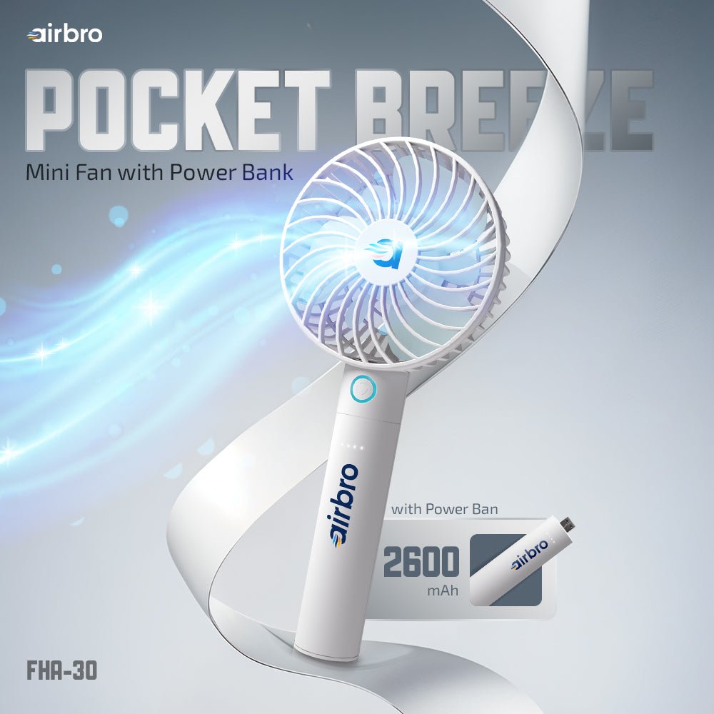 Airbro FHA - 30 Handheld Portable Fan with 2600mAh Power Bank, 6 - Blade Design, 3 Adjustable Speeds, and Charging Dock - Frosted White - Top ElectrosFanFHA - 30