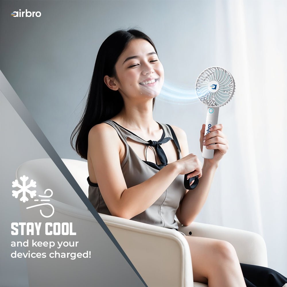 Airbro FHA - 30 Handheld Portable Fan with 2600mAh Power Bank, 6 - Blade Design, 3 Adjustable Speeds, and Charging Dock - Frosted White - Top ElectrosFanFHA - 30