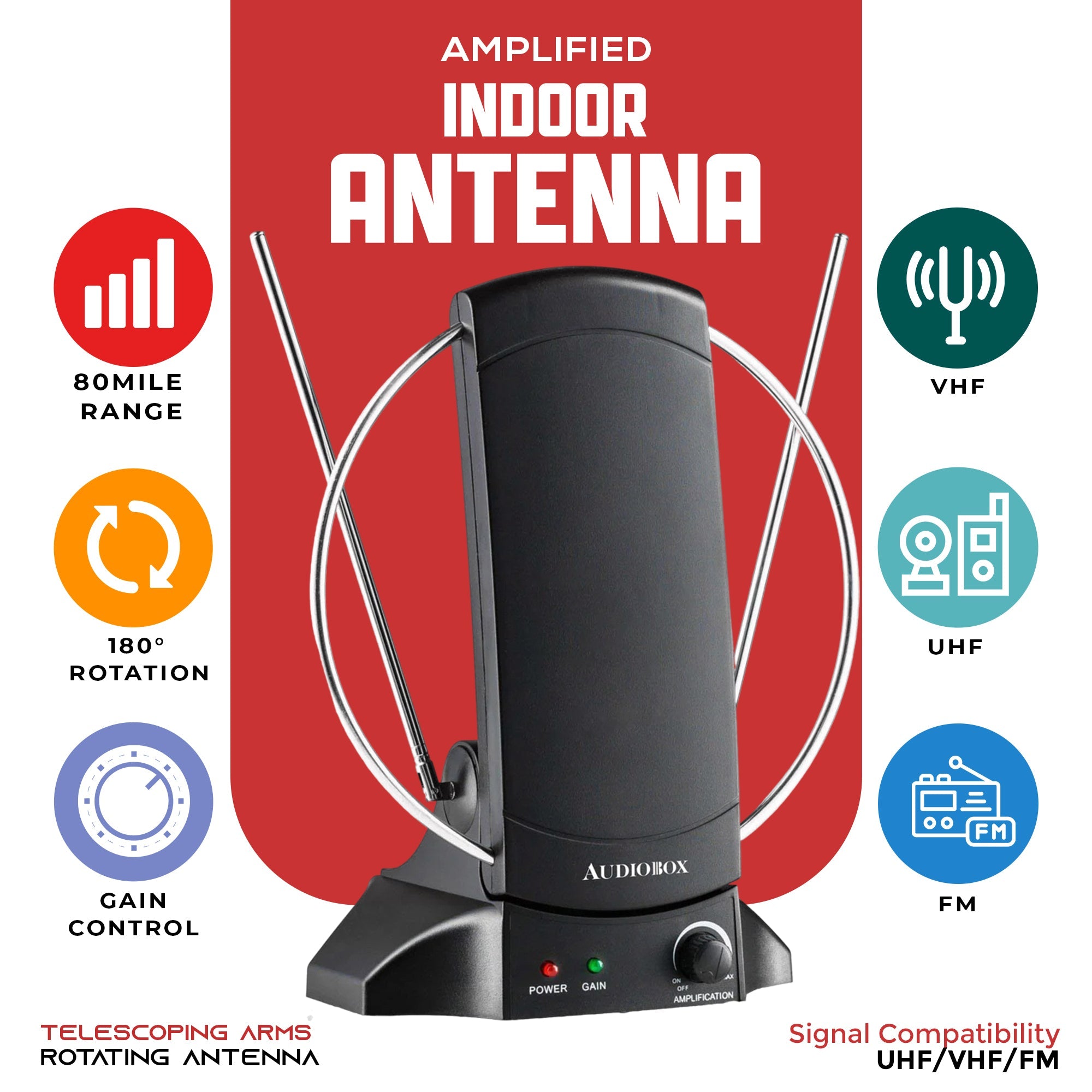 Amplified Indoor TV Antenna – 80 Mile Range, Adjustable Gain, 180° Rotation | UHF/VHF/FM HDTV Ready - Top ElectrosAntennaANT - 400850006218608