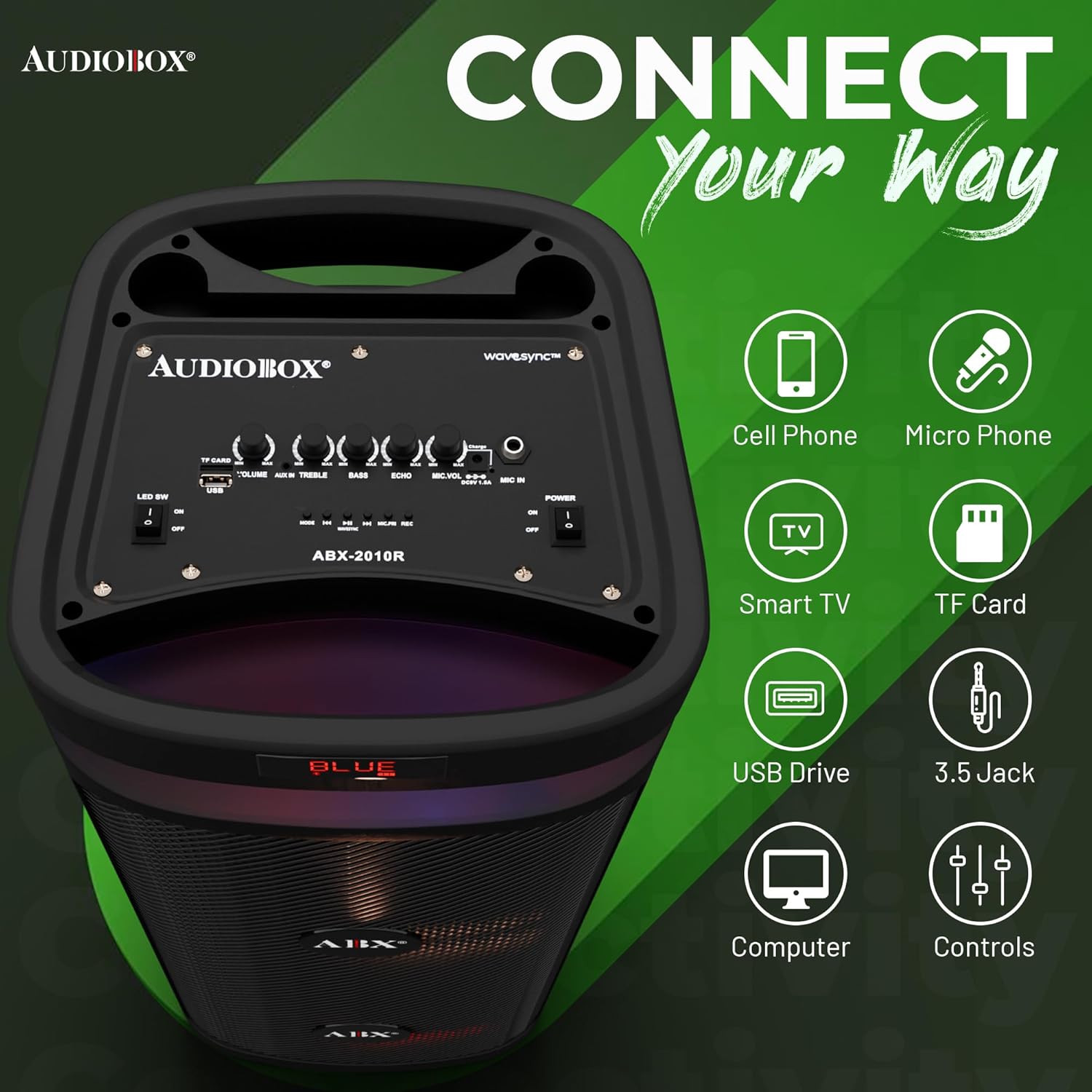 Audiobox ABX - 2010R Dual 10” Portable Karaoke Party Speaker with LED Light Show and Wired Microphone - Bluetooth, USB, TF Card, FM Radio - Top ElectrosKaraoke SpeakerABX - 2010R810059432017