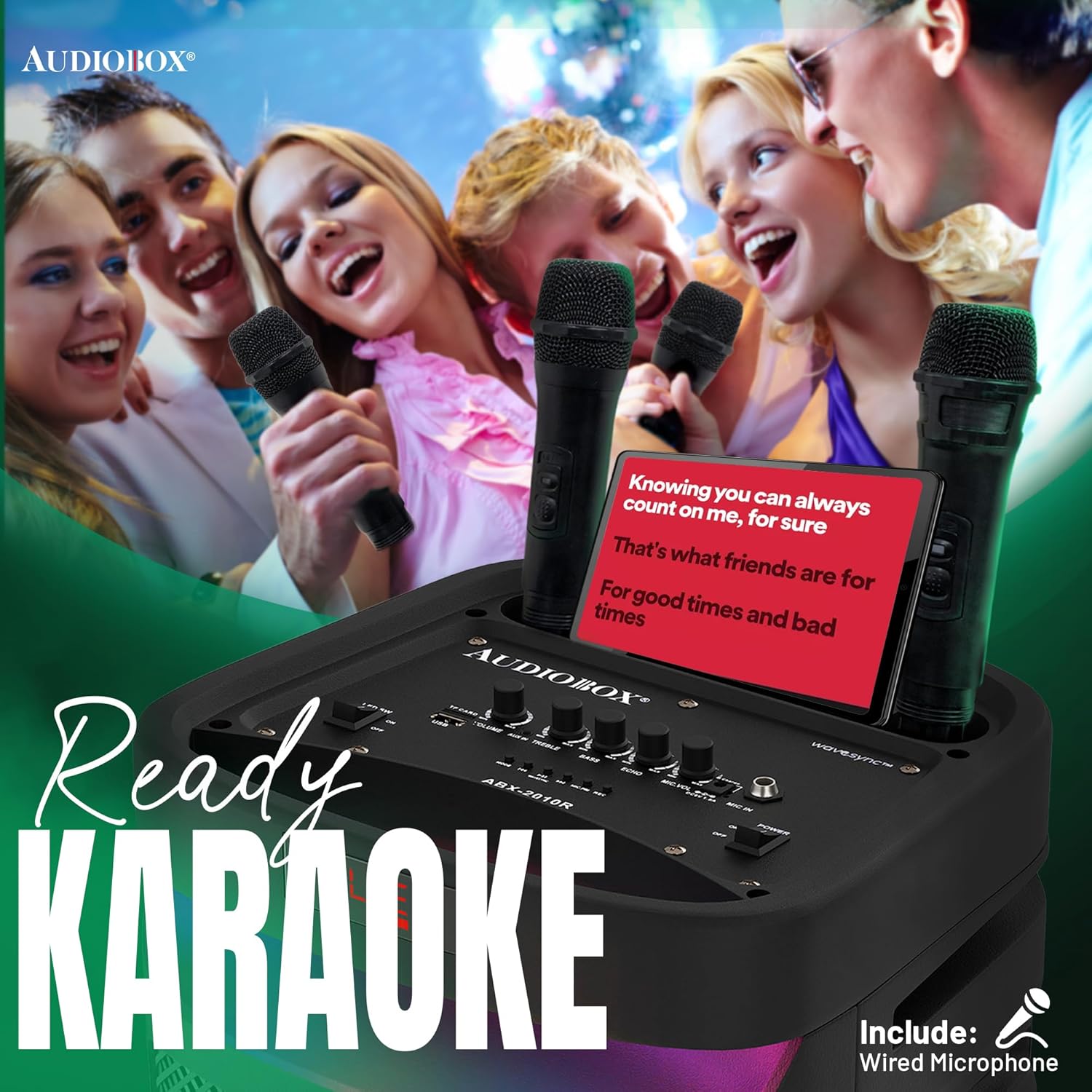 Audiobox ABX - 2010R Dual 10” Portable Karaoke Party Speaker with LED Light Show and Wired Microphone - Bluetooth, USB, TF Card, FM Radio - Top ElectrosKaraoke SpeakerABX - 2010R810059432017