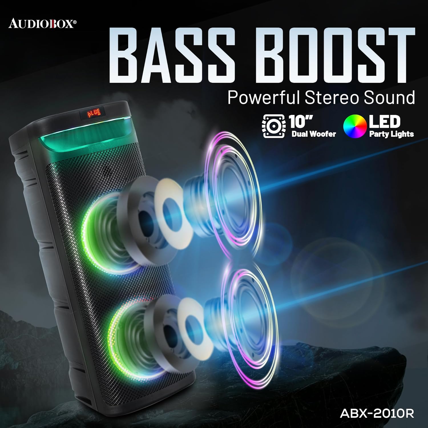 Audiobox ABX - 2010R Dual 10” Portable Karaoke Party Speaker with LED Light Show and Wired Microphone - Bluetooth, USB, TF Card, FM Radio - Top ElectrosKaraoke SpeakerABX - 2010R810059432017