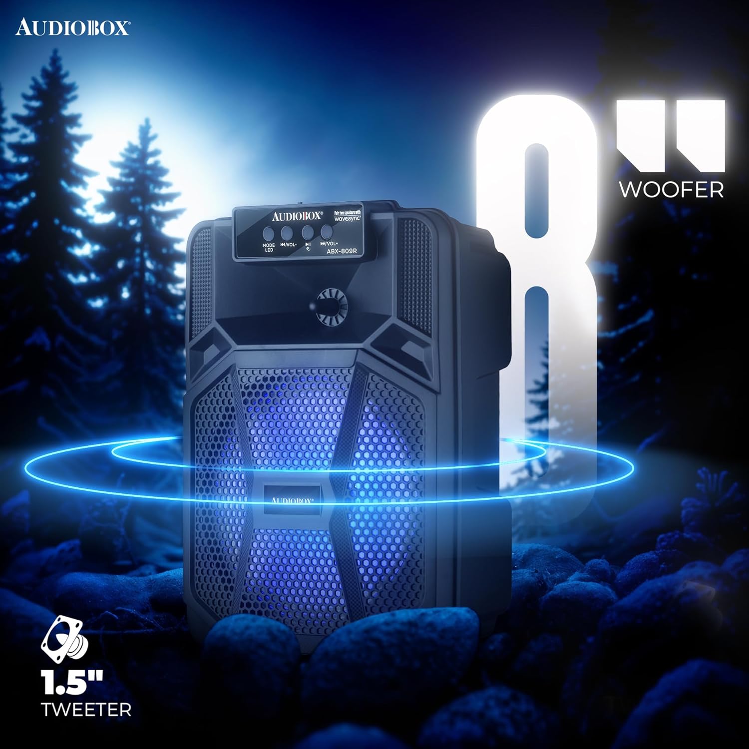 AudioBox ABX - 809 – 8” Bluetooth Party Speaker, WaveSync, LED Lights, Rechargeable Battery, Wireless Mic, FM Radio & Multiple Inputs - Top ElectrosSpeakersABX - 809R