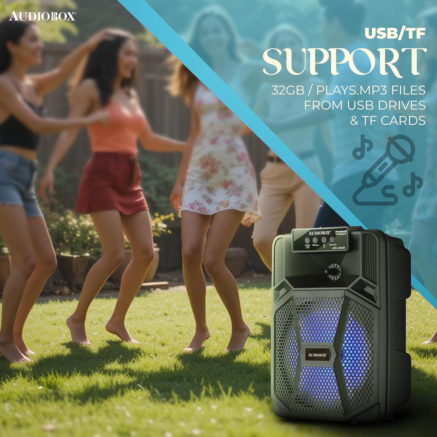 AudioBox ABX - 809 – 8” Bluetooth Party Speaker, WaveSync, LED Lights, Rechargeable Battery, Wireless Mic, FM Radio & Multiple Inputs - Top ElectrosSpeakersABX - 809R