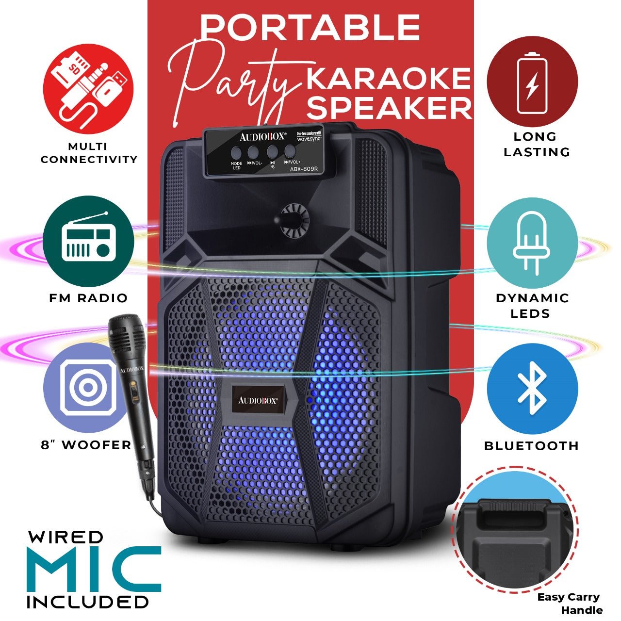AudioBox ABX - 809 – 8” Bluetooth Party Speaker, WaveSync, LED Lights, Rechargeable Battery, Wireless Mic, FM Radio & Multiple Inputs - Top ElectrosSpeakersABX - 809R