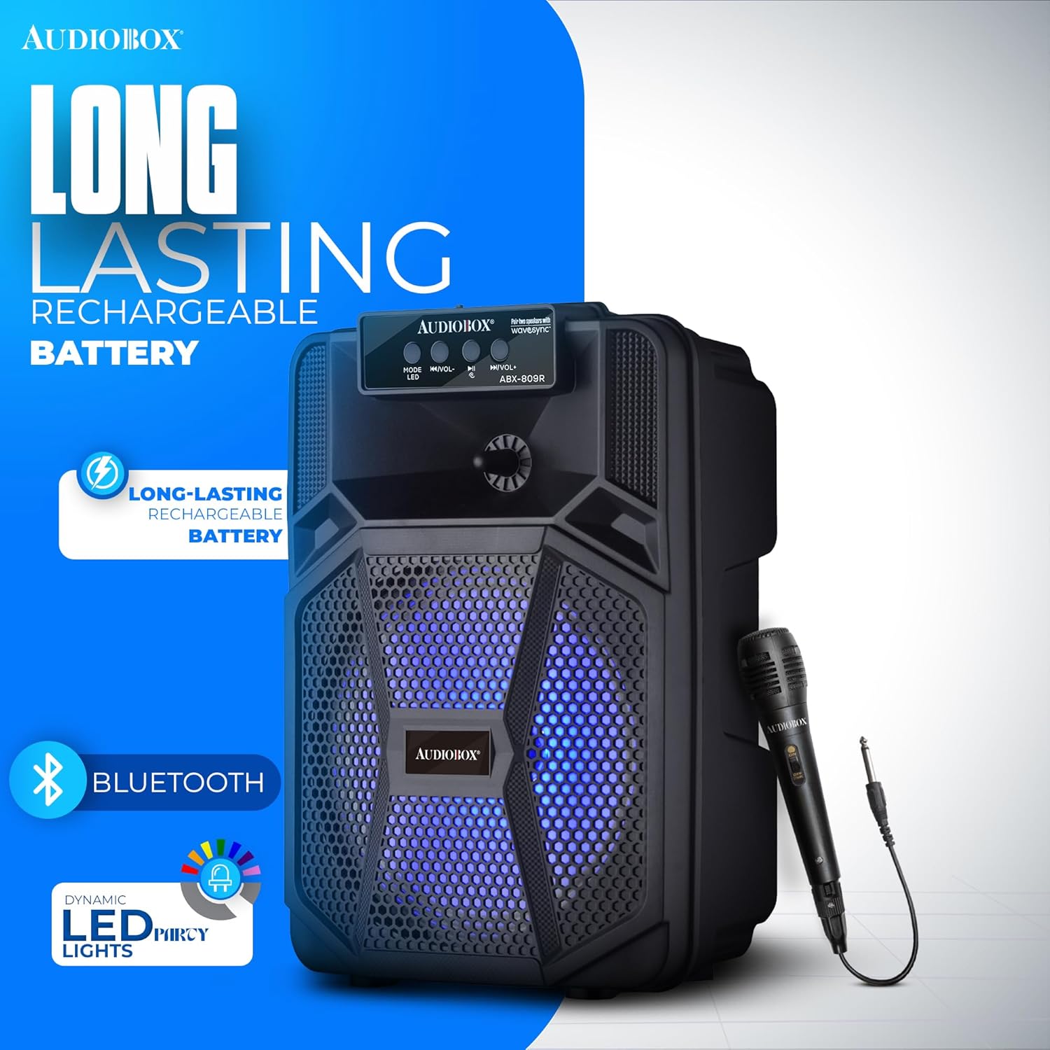 AudioBox ABX - 809 – 8” Bluetooth Party Speaker, WaveSync, LED Lights, Rechargeable Battery, Wireless Mic, FM Radio & Multiple Inputs - Top ElectrosSpeakersABX - 809R