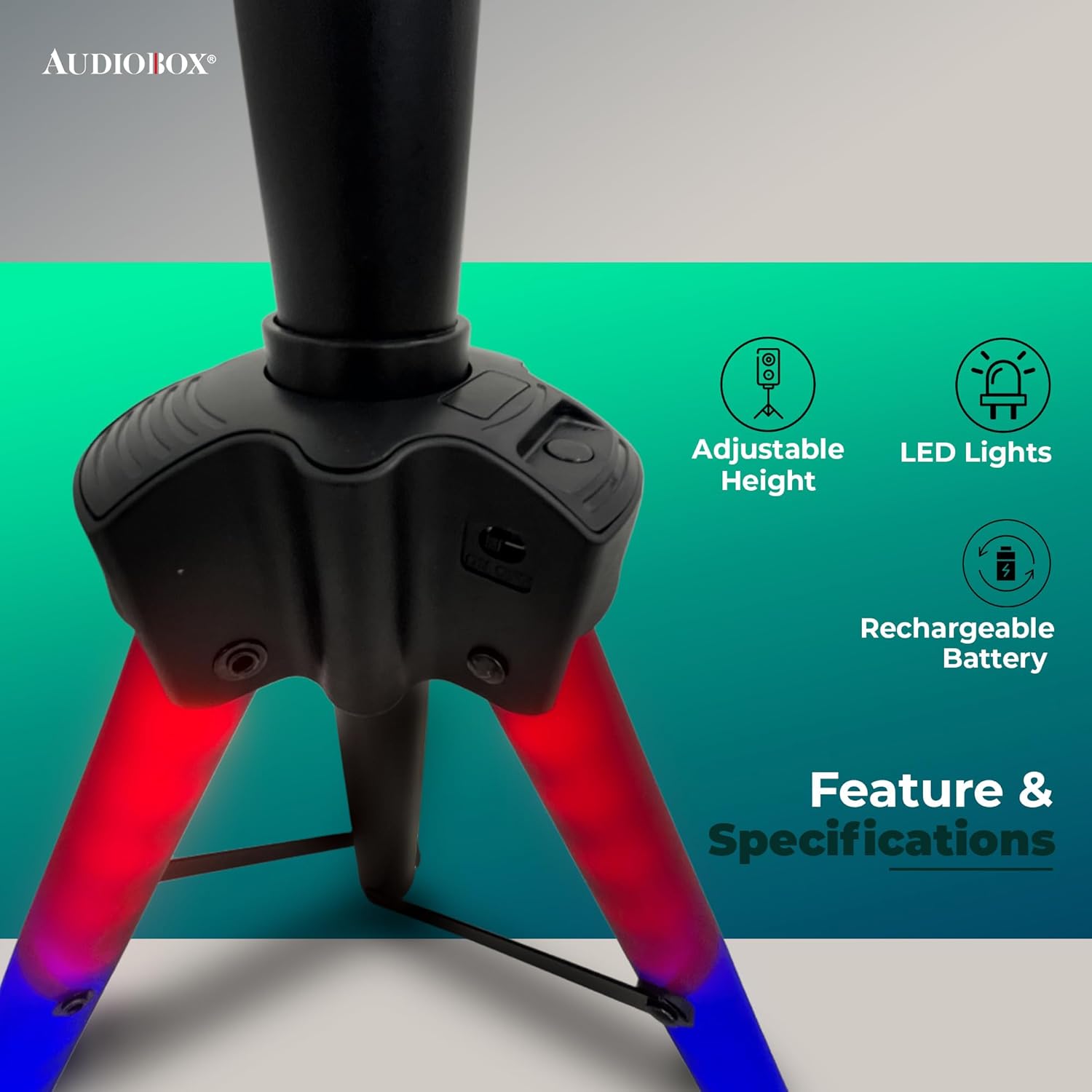 AudioBox STA - 10 – Heavy - Duty Speaker Stand with LED Lights, Adjustable Height, 110 lbs Capacity, Rechargeable Battery, Universal 35mm Mount - Top ElectrosTripod StandSTA - 10