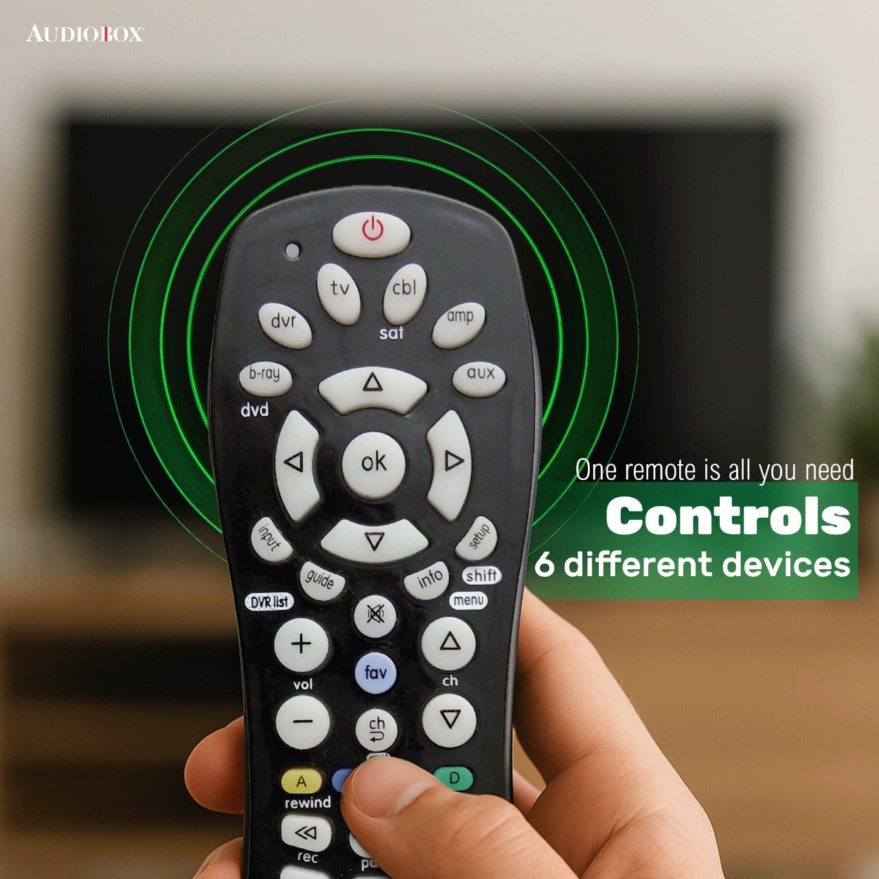 Audiobox Universal Remote Control – 6 - in - 1 Compatibility, Glow - in - the - Dark Buttons, Supports TV, Cable, DVD, Amp, DVR - Top ElectrosRemote ControlREM - 66820554474928