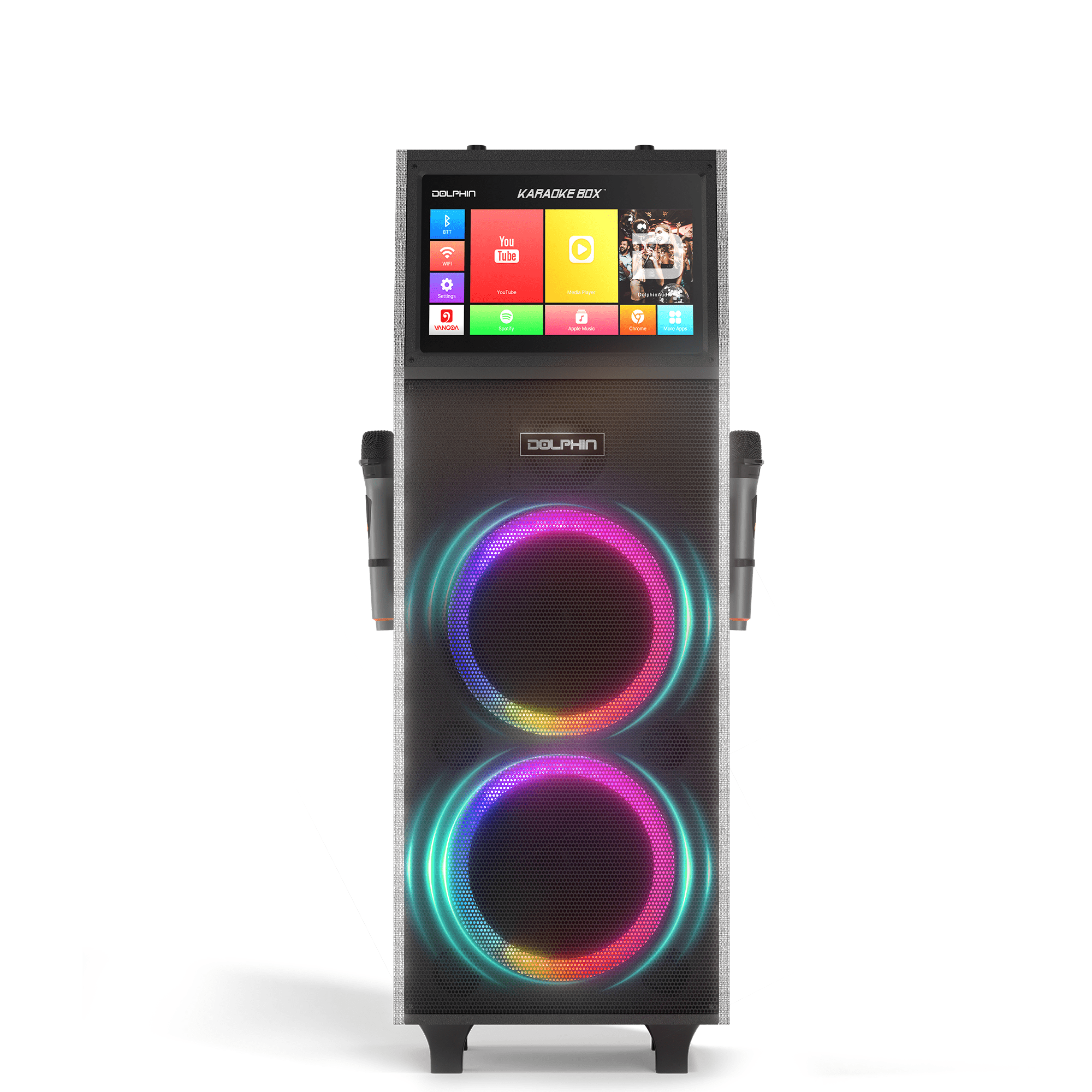 Dolphin KB - 2100R Rechargeable Karaoke Machine with 2 Wireless Mics & Lyrics Display Screen | Dual 10" Speakers, 14" Touchscreen Tablet, Voice Modulation, Bluetooth, USB, TF, FM, AUX, Portable - Top ElectrosKaraoke SystemKB - 2100R810059431799