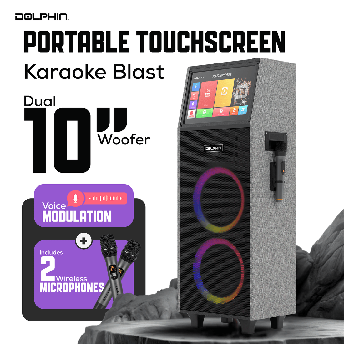 Dolphin KB - 2100R Rechargeable Karaoke Machine with 2 Wireless Mics & Lyrics Display Screen | Dual 10" Speakers, 14" Touchscreen Tablet, Voice Modulation, Bluetooth, USB, TF, FM, AUX, Portable - Top ElectrosKaraoke SystemKB - 2100R810059431799