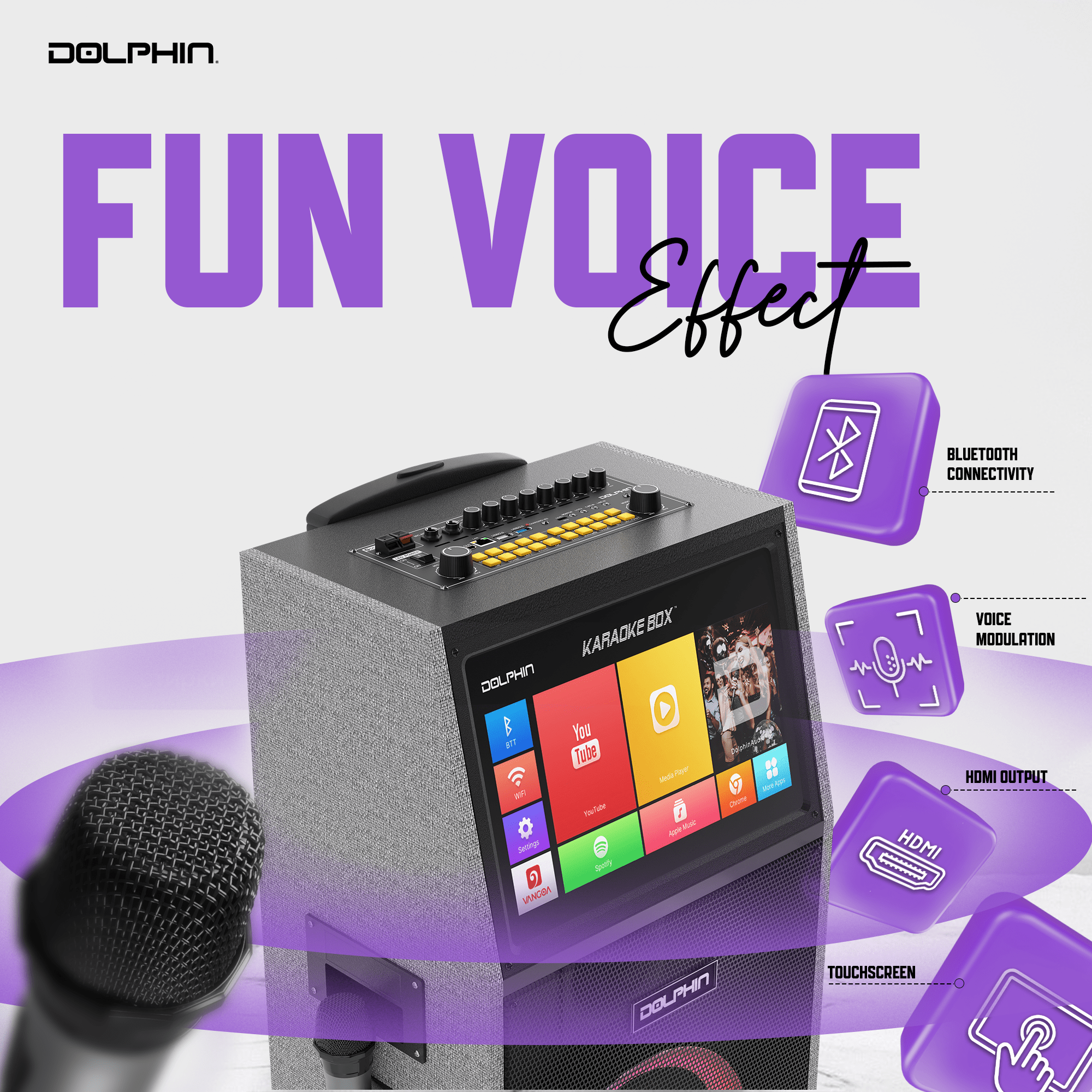 Dolphin KB - 2100R Rechargeable Karaoke Machine with 2 Wireless Mics & Lyrics Display Screen | Dual 10" Speakers, 14" Touchscreen Tablet, Voice Modulation, Bluetooth, USB, TF, FM, AUX, Portable - Top ElectrosKaraoke SystemKB - 2100R810059431799
