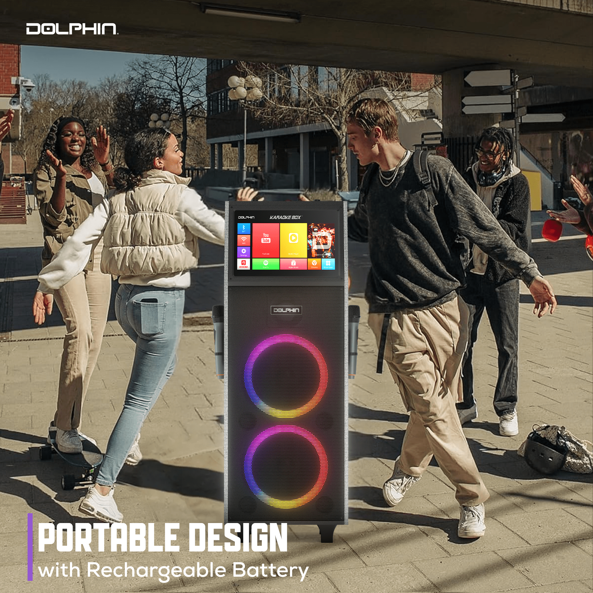 Dolphin KB - 2100R Rechargeable Karaoke Machine with 2 Wireless Mics & Lyrics Display Screen | Dual 10" Speakers, 14" Touchscreen Tablet, Voice Modulation, Bluetooth, USB, TF, FM, AUX, Portable - Top ElectrosKaraoke SystemKB - 2100R810059431799