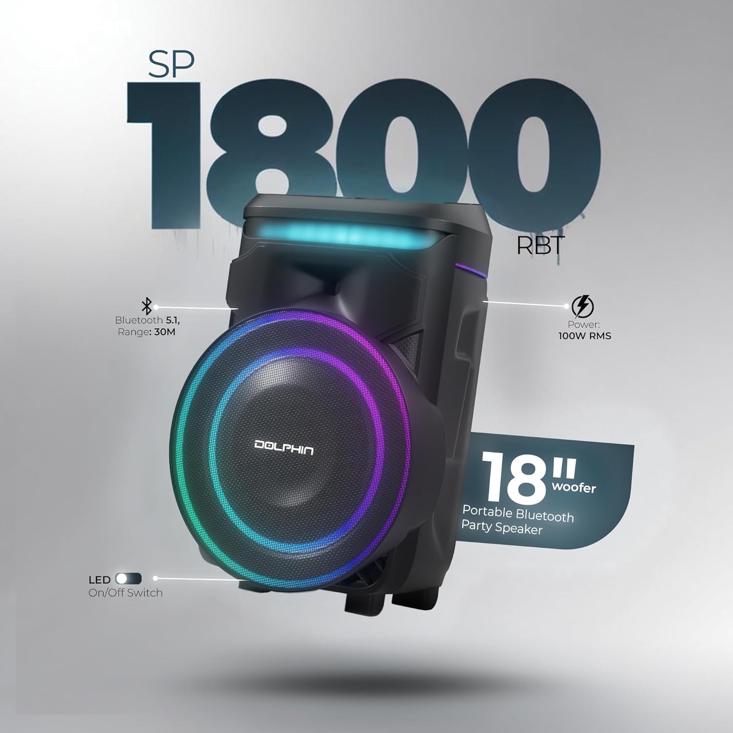 Dolphin SP - 1800RBT 100W 18” Portable Bluetooth Speaker with LED Lights and X - BASS - Top ElectrosSpeakersSP - 1800RBT810059432444