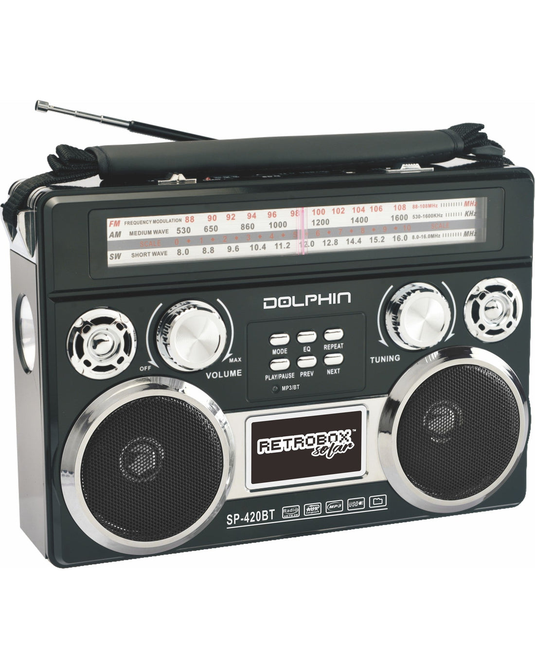 Dolphin SP - 420BT RetroBox™ – Solar Rechargeable Bluetooth Radio, AM/FM/SW, MP3 Player, LED Flashlight, Type - C Charging, Portable for Travel & Outdoor Use - Top ElectrosRadioSP - 420BT Black