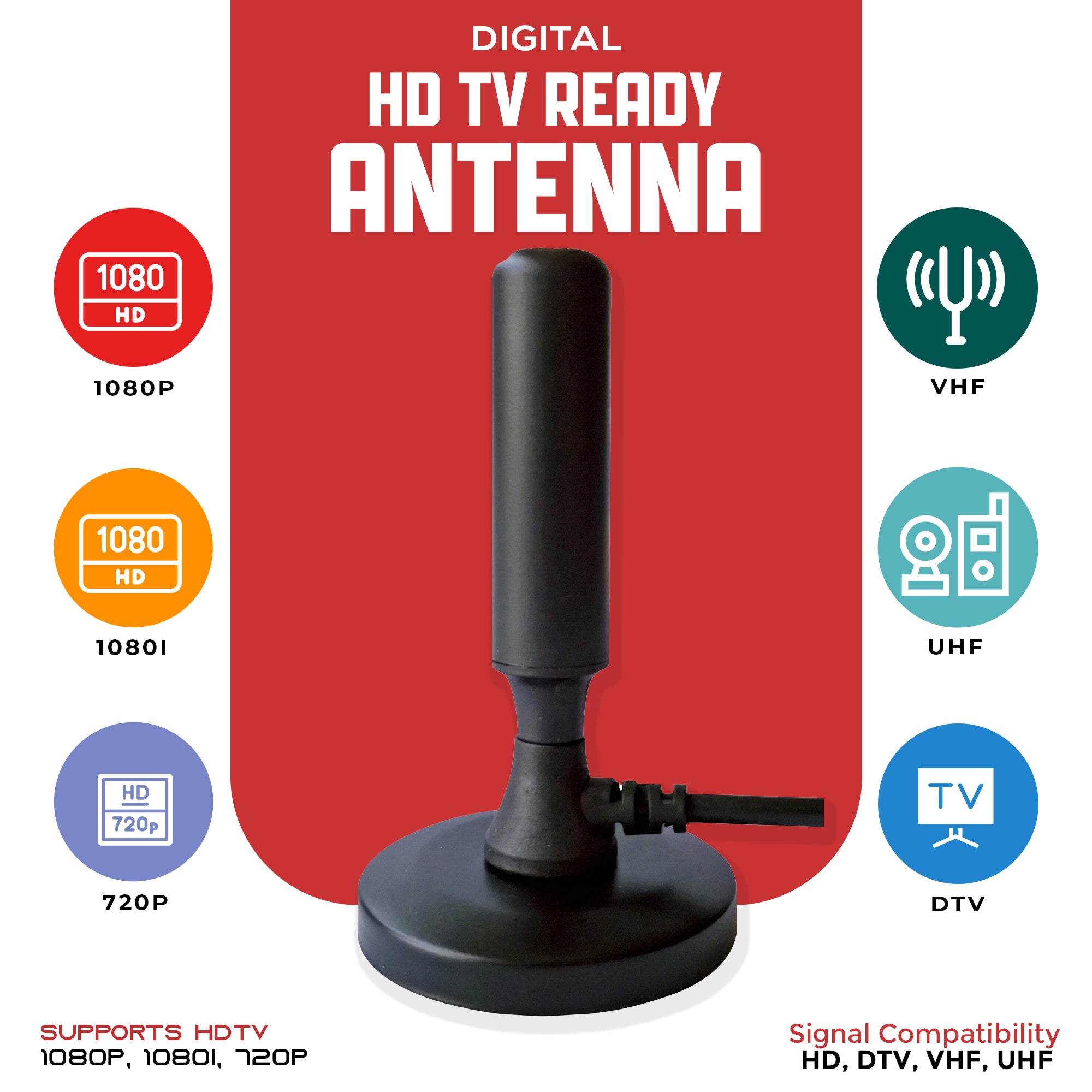 HD Digital TV Antenna – 25+ Mile Range, Magnetic Base, Long 13ft Cable | Supports 1080P, VHF/UHF Channels 📄 Description: Cut the cord and still enjoy free HD channels with this compact, high - performance digital TV antenna. - Top ElectrosAntennaANT - 300850006218431
