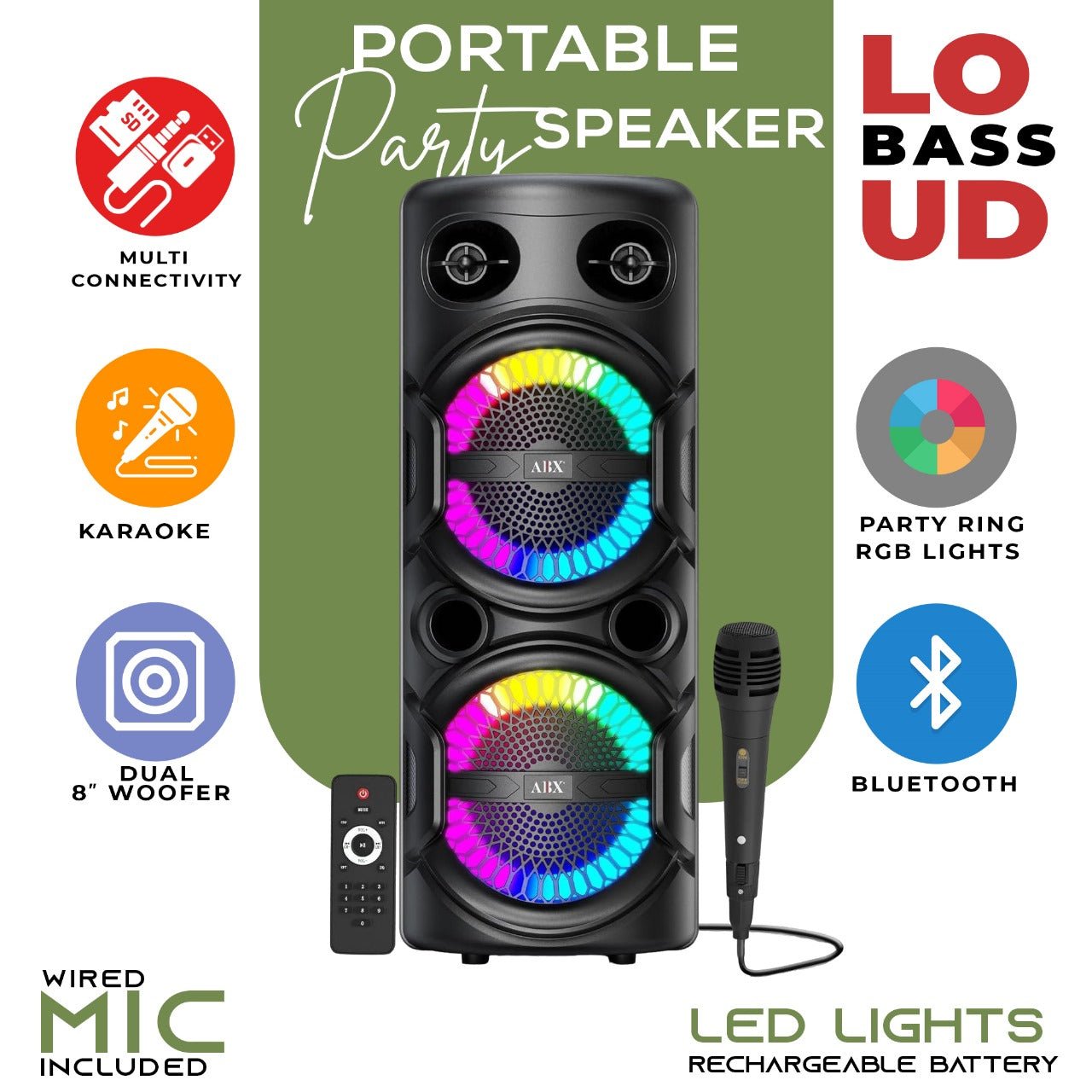 Karaoke Party Speaker with Microphone & Ring Lights - Bluetooth, USB, TF, FM, AU, Porttable, Wireless - Top ElectrosKaraoke SpeakerABX - 286R810059432017