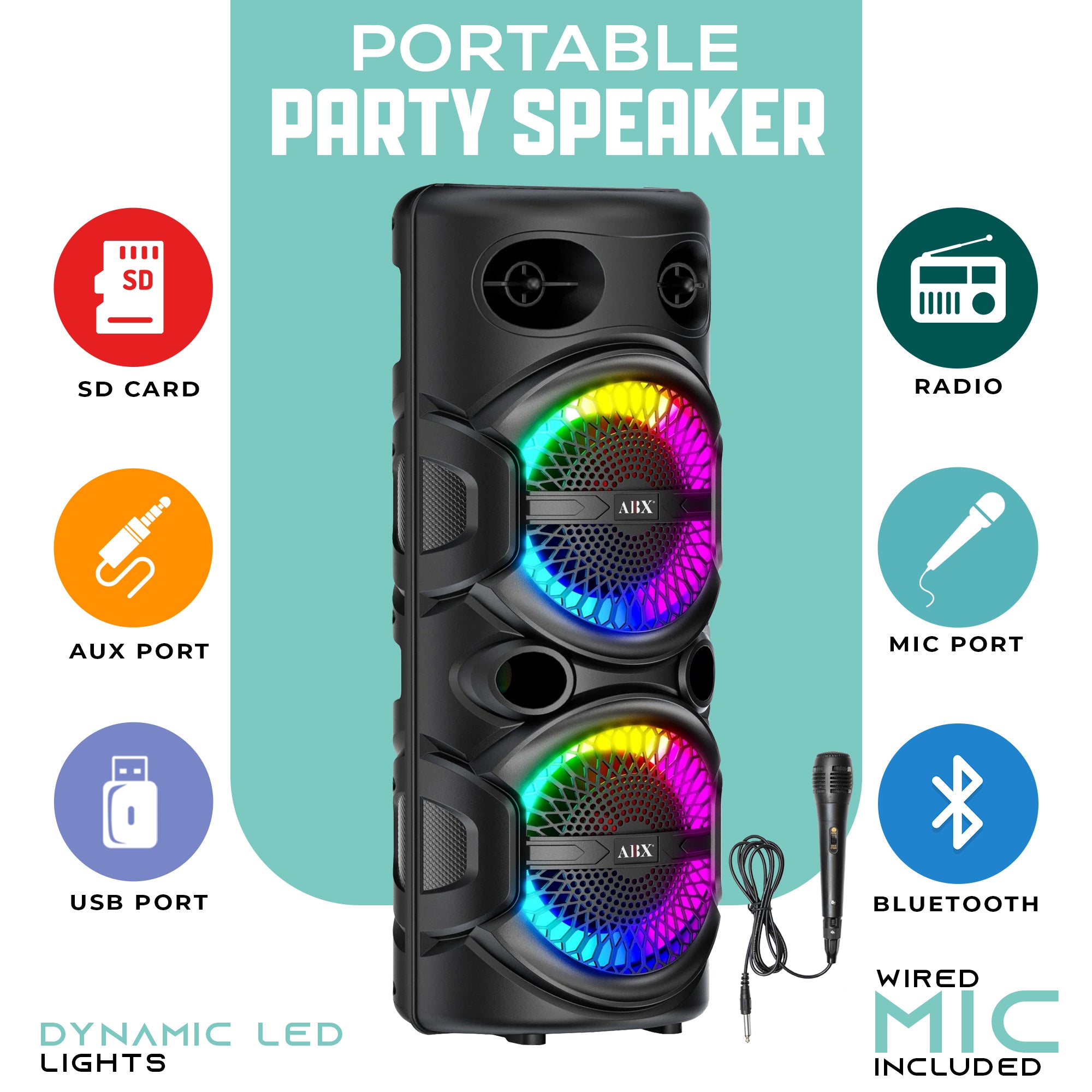 Karaoke Party Speaker with Microphone & Ring Lights - Bluetooth, USB, TF, FM, AU, Porttable, Wireless - Top ElectrosKaraoke SpeakerABX - 286R810059432017
