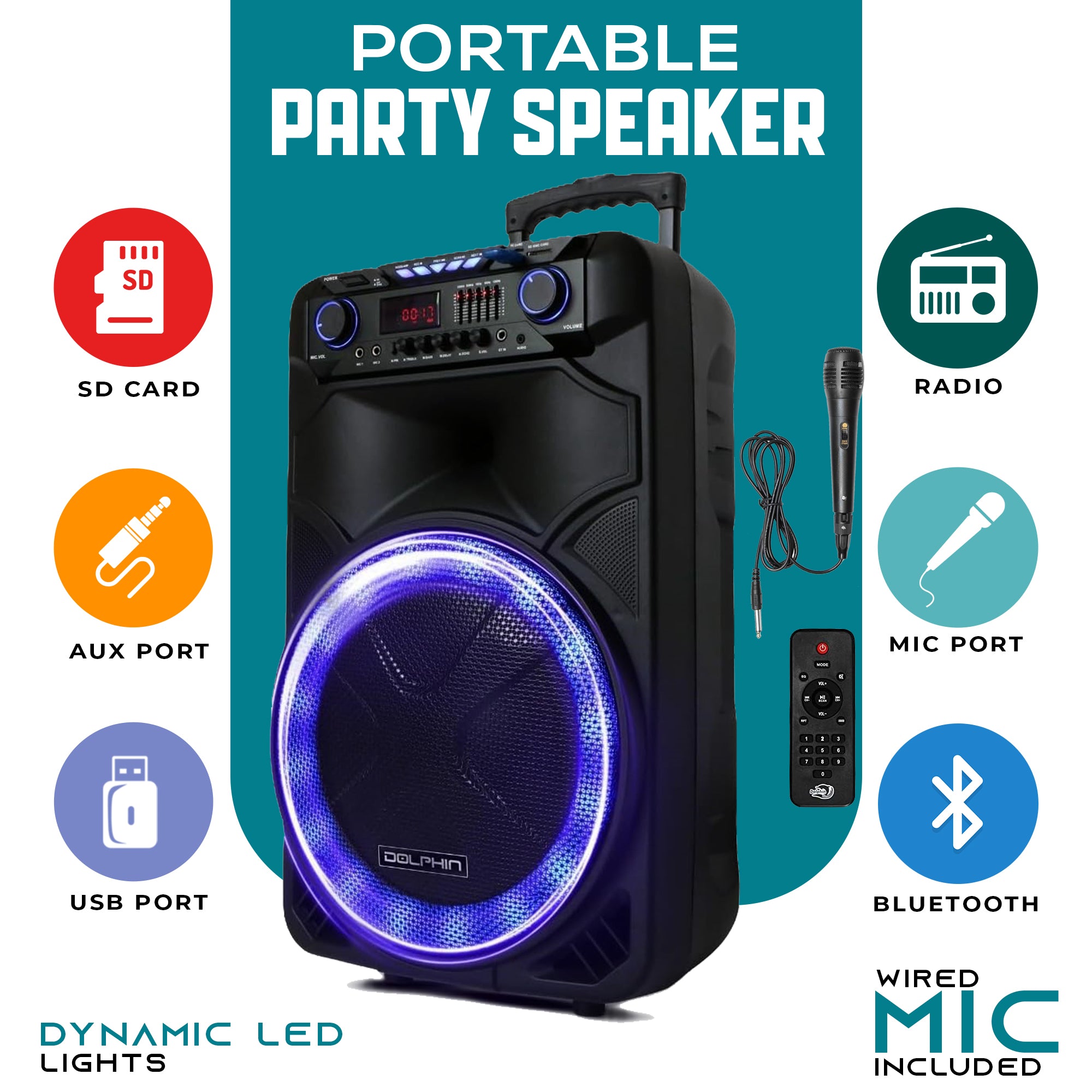 Powerful 15” Rechargeable Bluetooth Party Speaker – 3100W, Deep Bass, DJ Ready, LED Lights, Mic & Guitar Inputs, Event Block Rocker - Top ElectrosSpeakersSP - 1500RBT850006218134