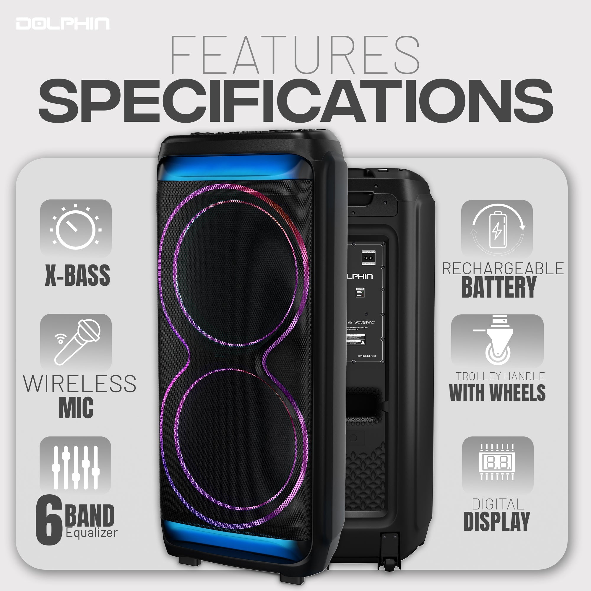 Powerful Dual 15” Bluetooth Party Speaker – 100W RMS, Deep Bass, DJ Ready, LED Lights, Wireless Mic, WaveSync, Trolley Style - Top ElectrosSP - 5500RBT