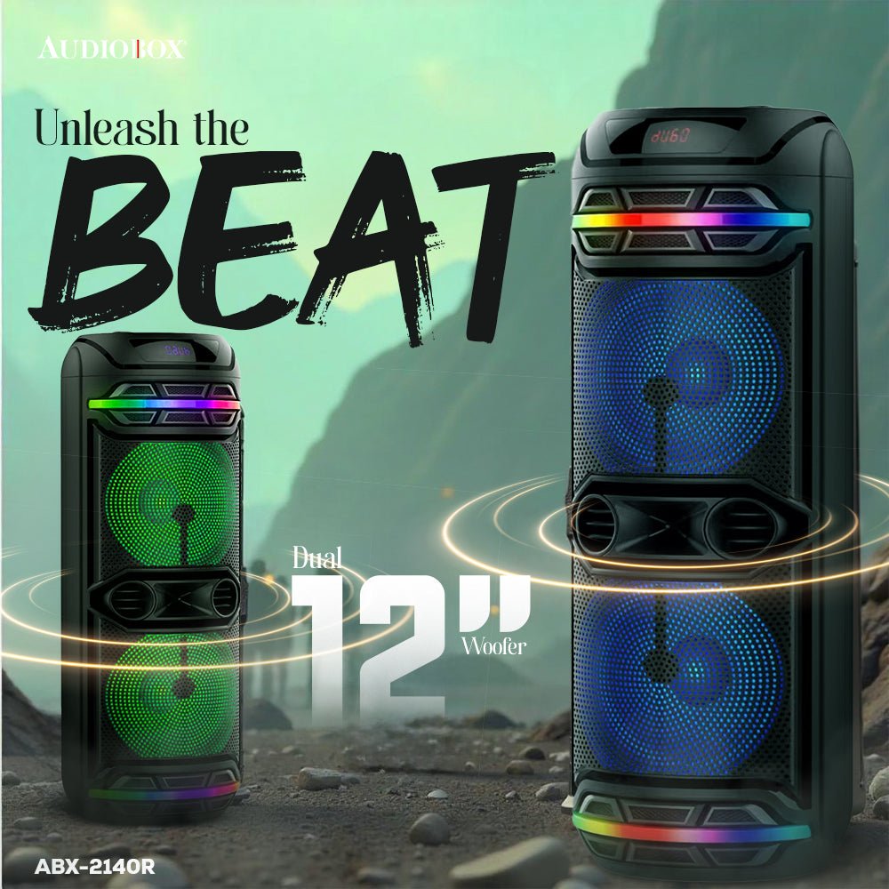 Rechargeable Bluetooth Party Speaker – Dual 12” Woofers, LED Lights, FM Radio, USB, Wireless Mic, 40W RMS - Top ElectrosParty SpeakersABX - 2140R