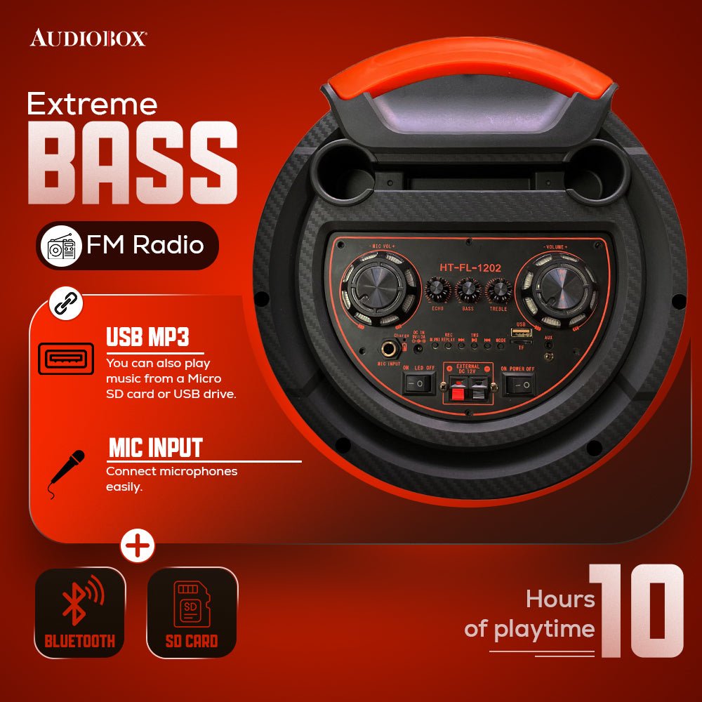 Rechargeable Bluetooth Party Speaker – Dual 12” Woofers, LED Lights, FM Radio, USB, Wireless Mic, 40W RMS - Top ElectrosParty SpeakersABX - 2140R