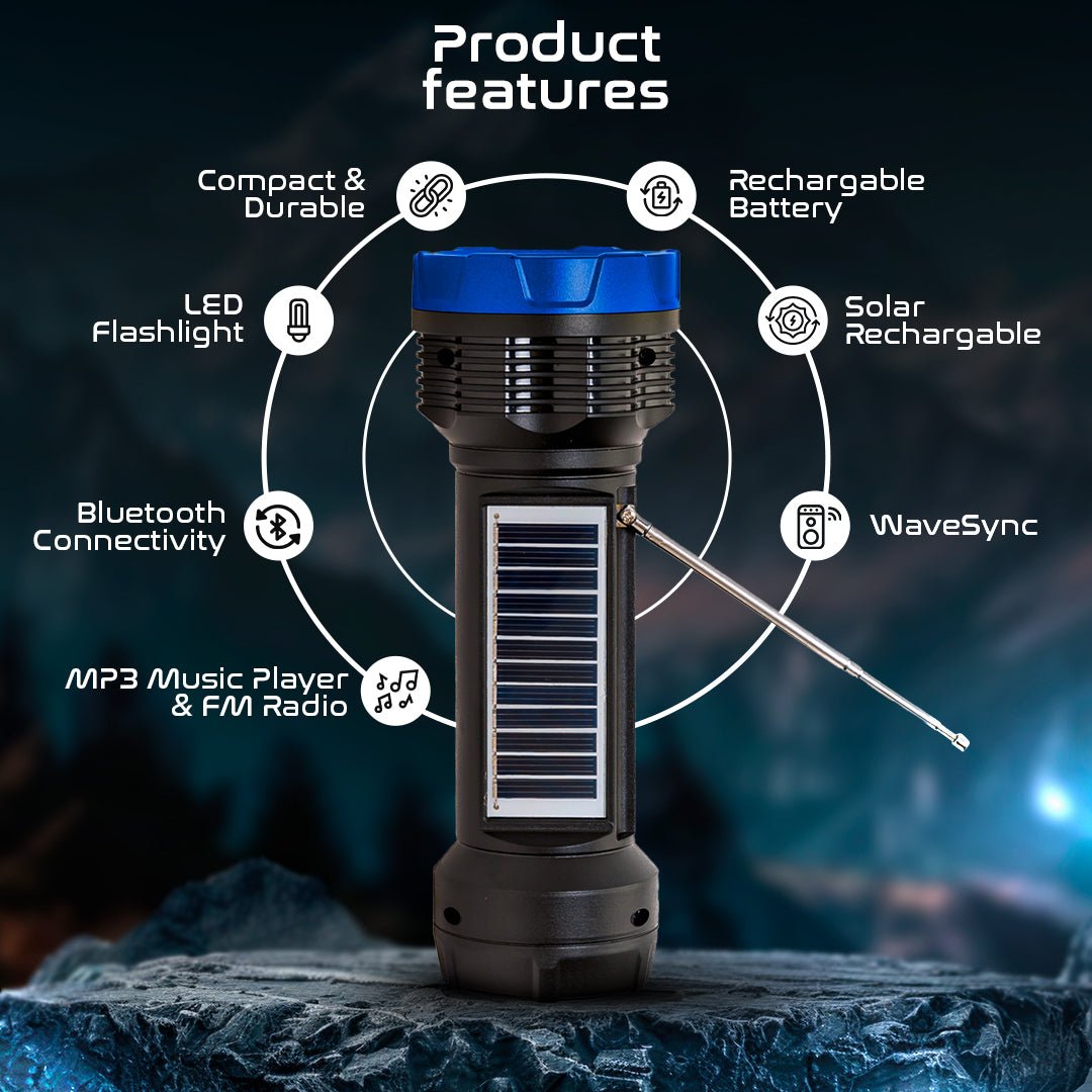 Solar Rechargeable Emergency Flashlight with Bluetooth & FM Radio - 3 Colors Available - Top ElectrosFSL - 200 Silver810059432239