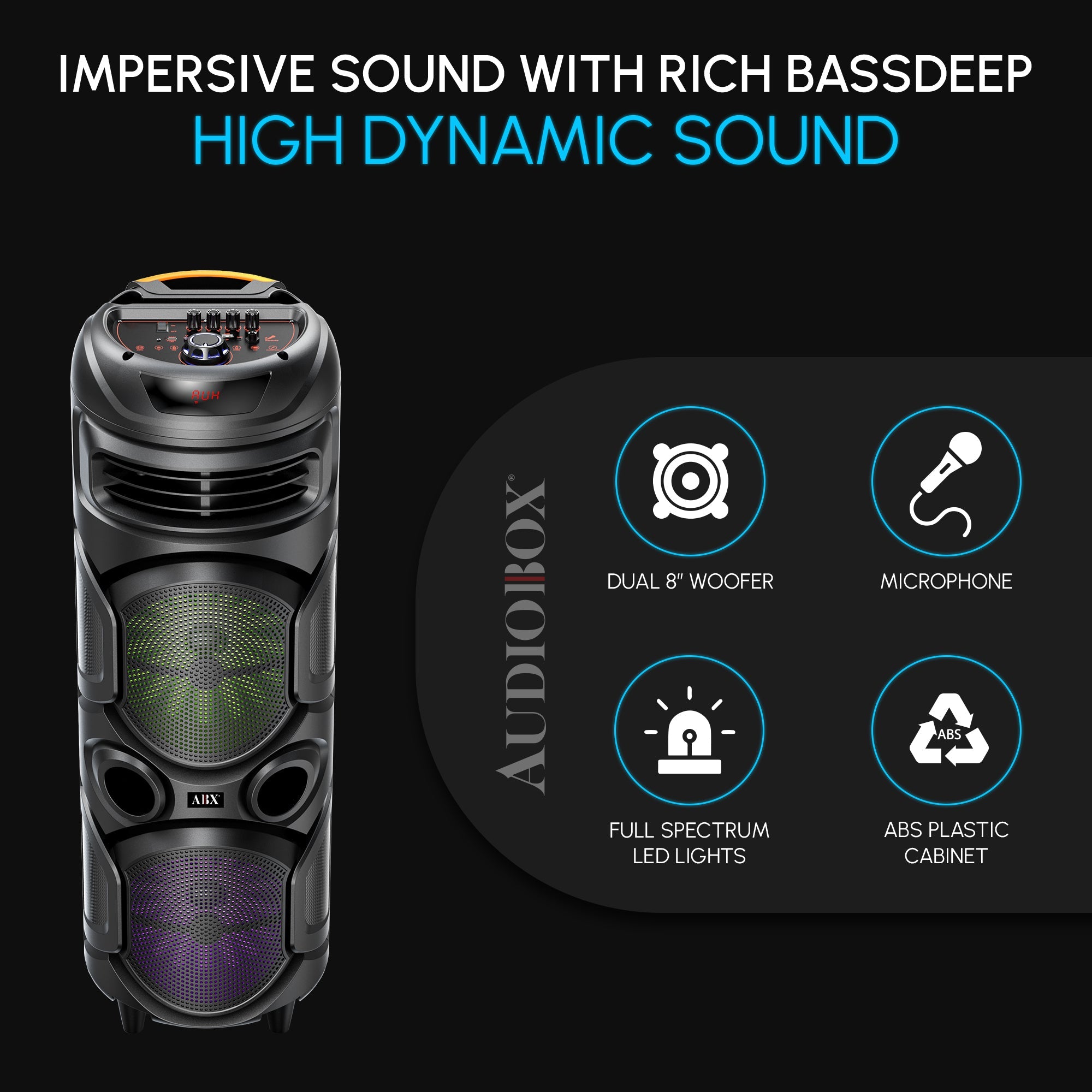 Audiobox ABX-2900R Fun & Loud Dual 8" Bluetooth Speaker with Microphone - Light Weight with RGB Lights, Dual Channel Sound Board for Parties - Top ElectrosKaraoke SpeakerABX-2900R810059431690