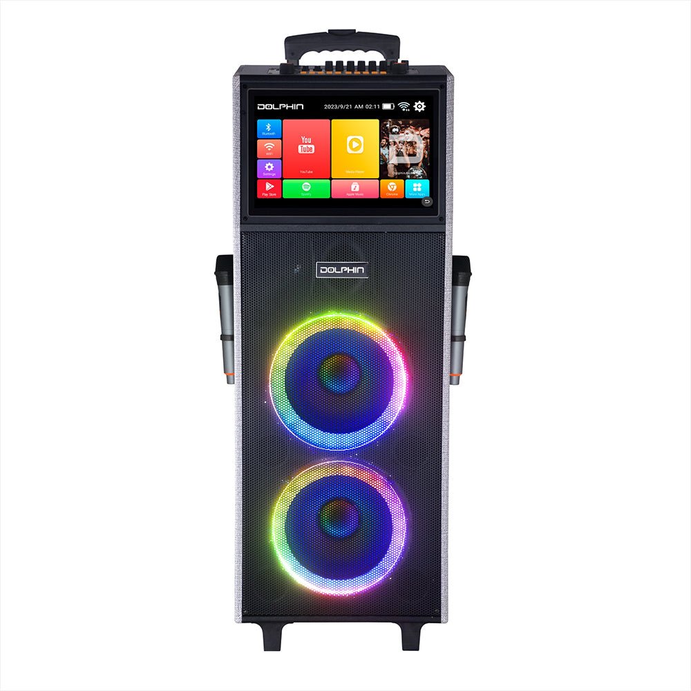 Dolphin KB-2100R Rechargeable Karaoke Machine with 2 Wireless Mics & Lyrics Display Screen | Dual 10" Speakers, 14" Touchscreen Tablet, Voice Modulation, Bluetooth, USB, TF, FM, AUX, Portable - Top ElectrosKaraoke SystemKB-2100R810059431799