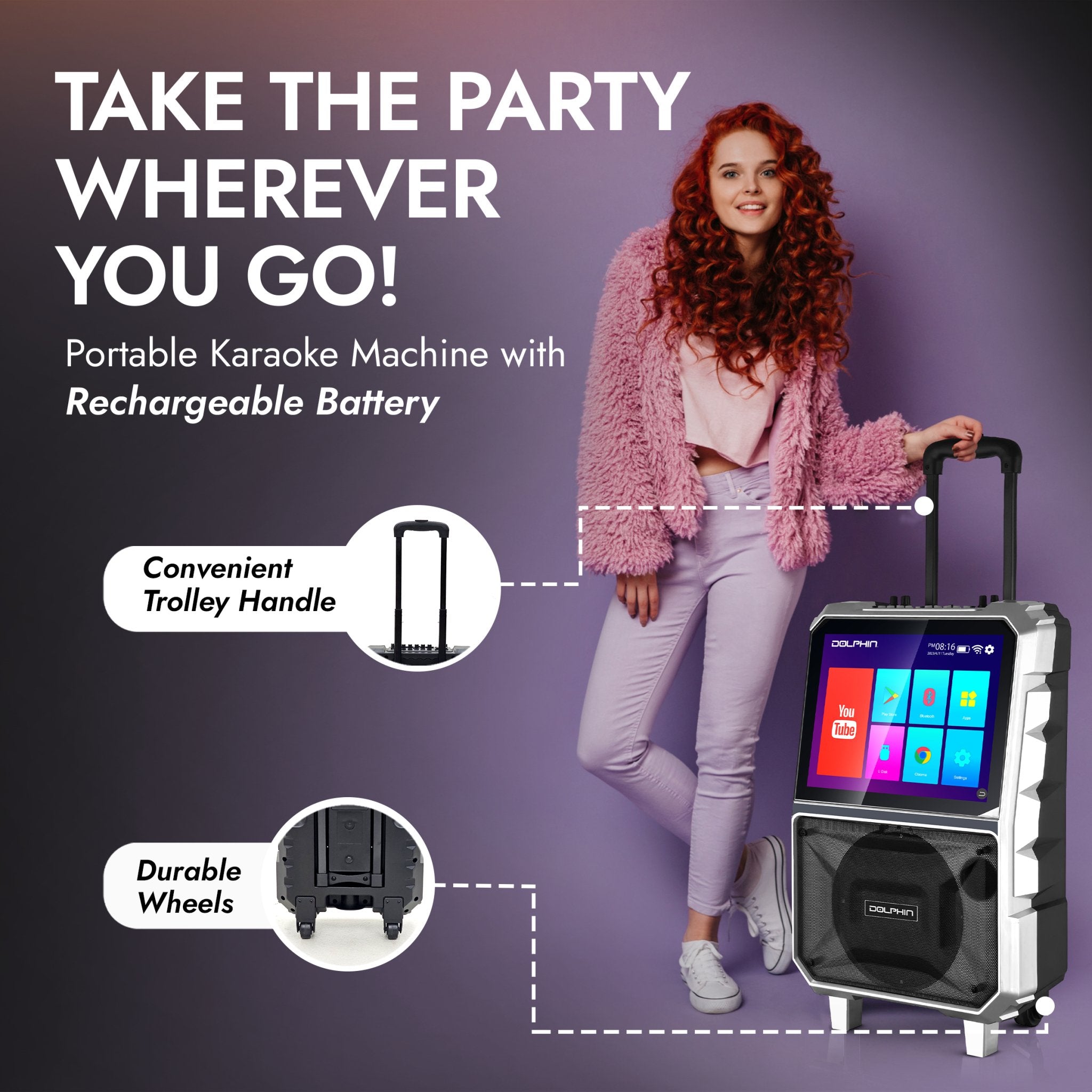 Dolphin KB-85R Portable Karaoke Machine with Touchscreen & Wireless Microphone - Top ElectrosKaraoke SystemKB-85R810059431782