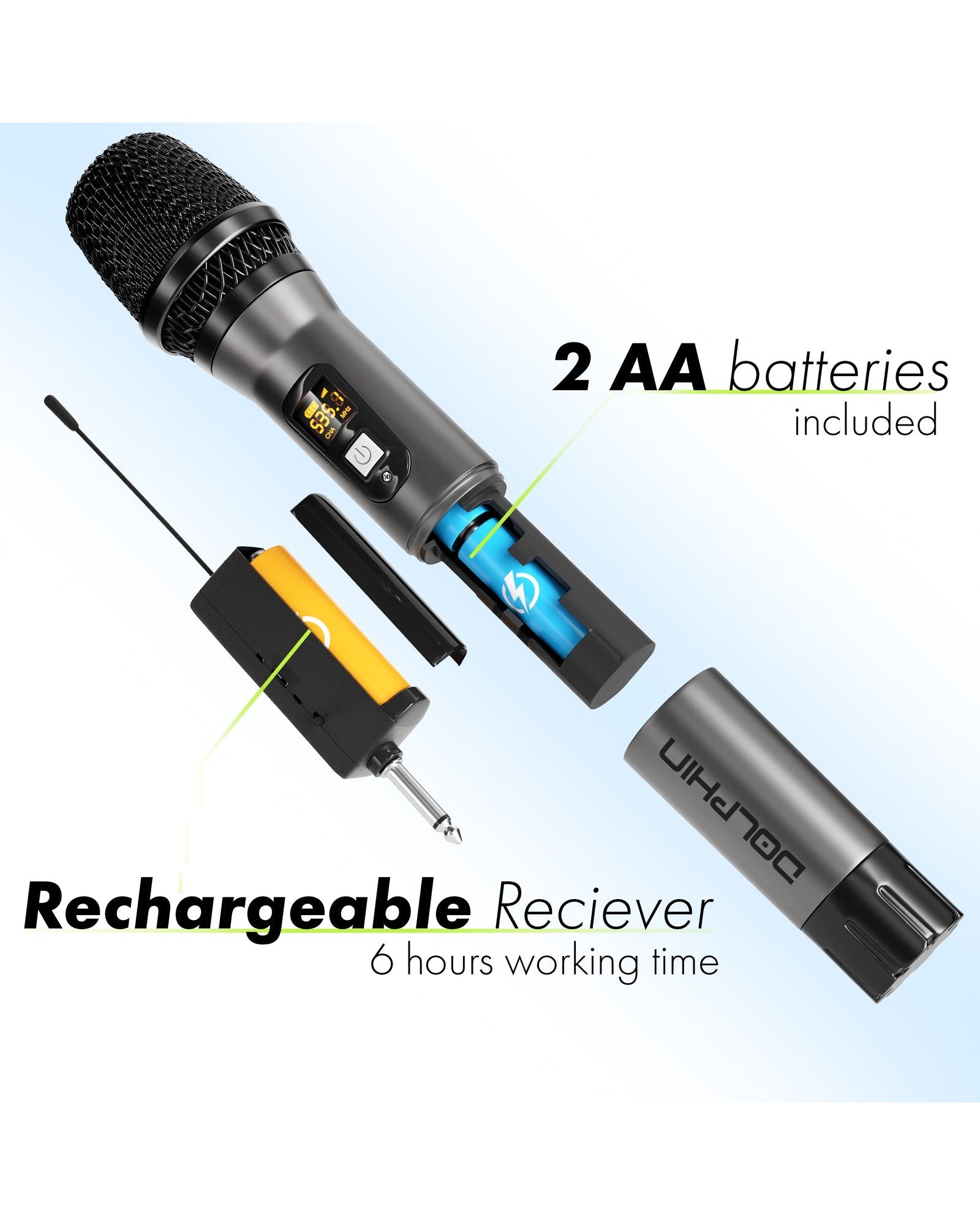 Dolphin MCX10 Wireless Microphone, Portable Handheld Cordless Karaoke Microphone for Speakers with Transmitter, Silicon Ring, and Batteries - Top ElectrosWireless MicrophoneMCX10850006218950