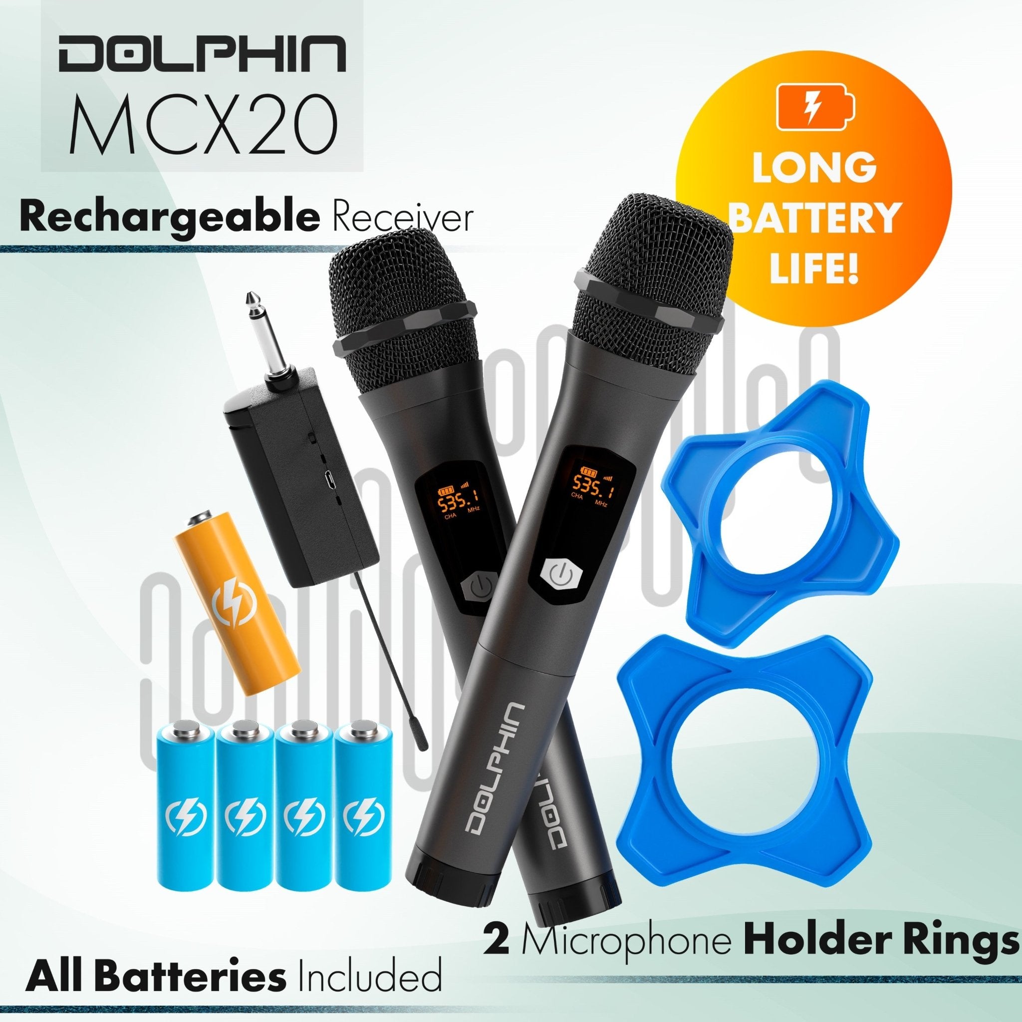 Dolphin MCX20 Wireless Microphone System, Cordless Dual Handheld Dynamic Mic Set with Rechargeable Receiver (Set of 2) - Top ElectrosWireless MicrophoneMCX20810059430327