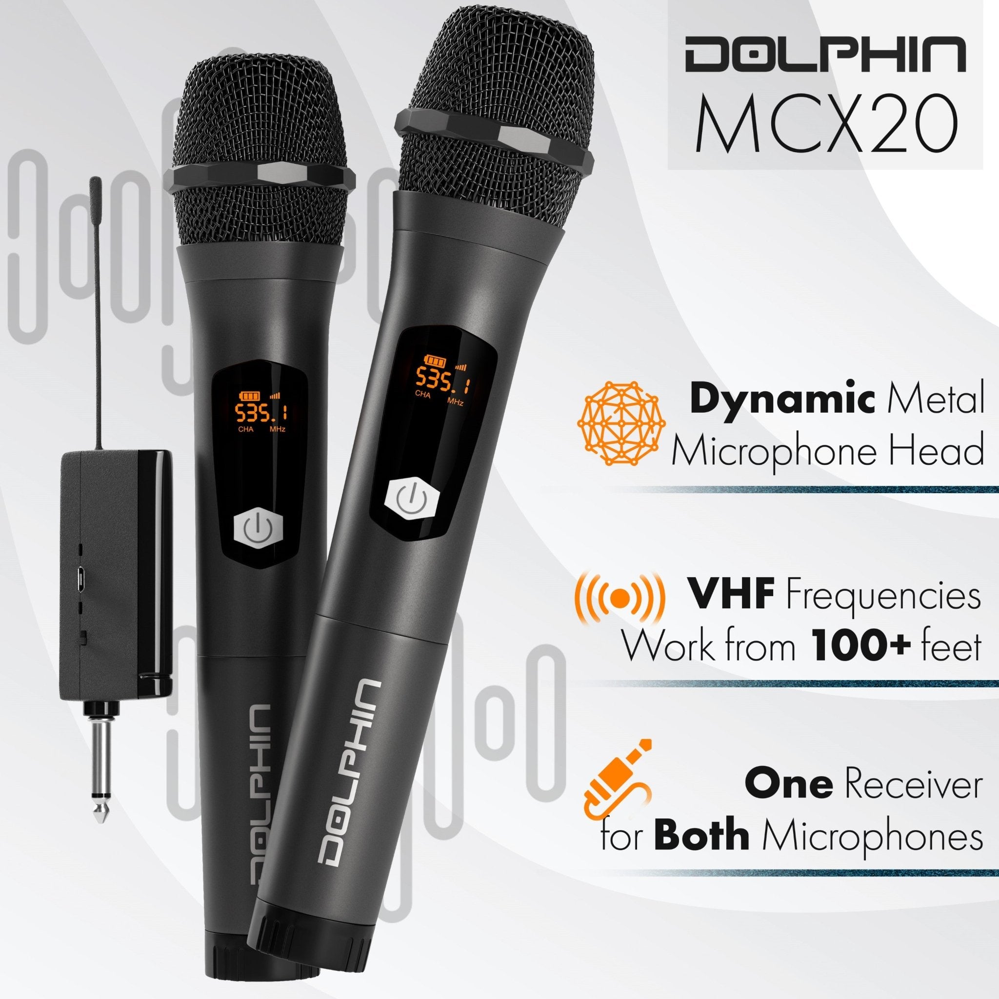 Dolphin MCX20 Wireless Microphone System, Cordless Dual Handheld Dynamic Mic Set with Rechargeable Receiver (Set of 2) - Top ElectrosWireless MicrophoneMCX20810059430327