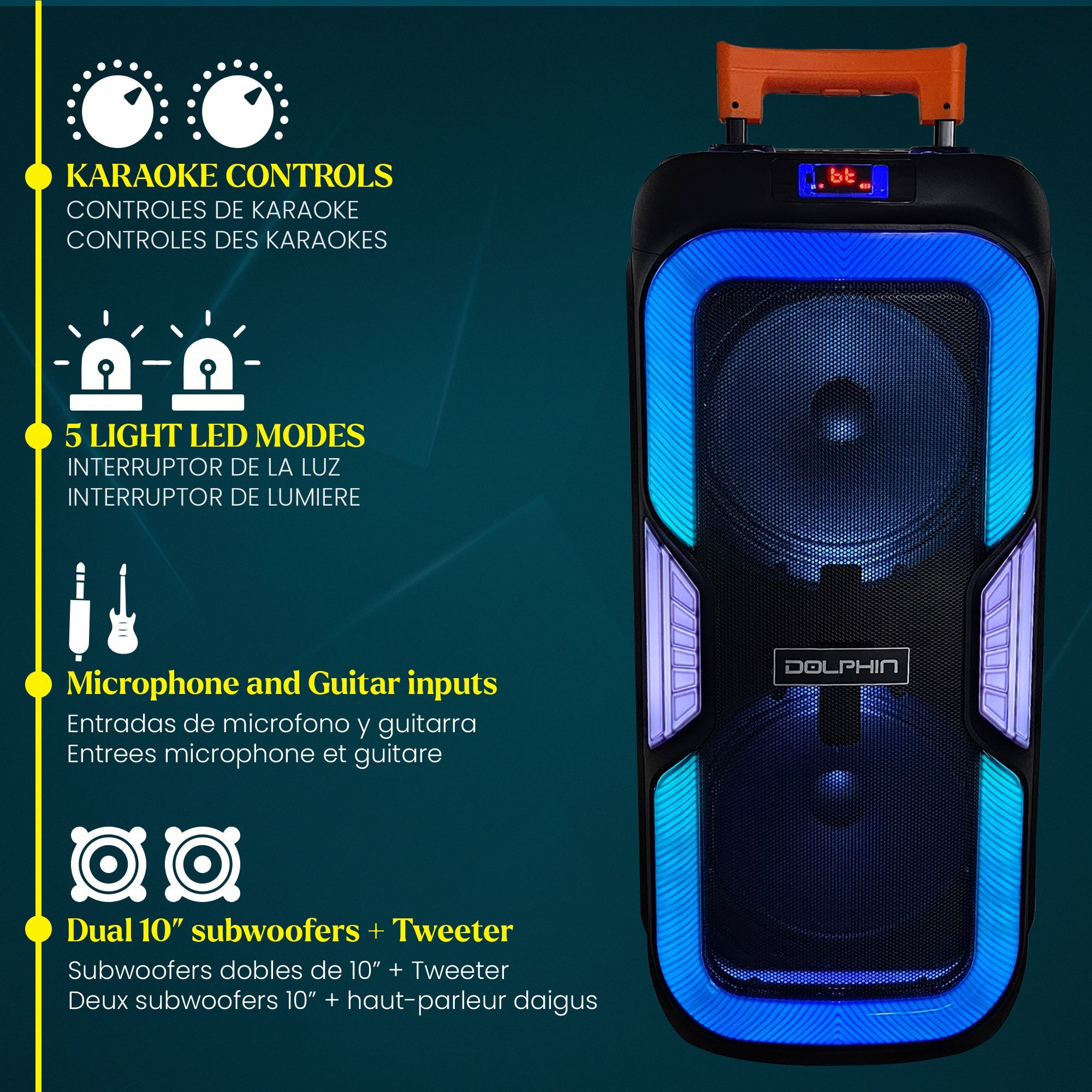Dolphin SP-1060RBT Dual 10" BOLD Deep Bass Party Speaker with Light Show - Top ElectrosSpeakersSP-1060RBT81005941539