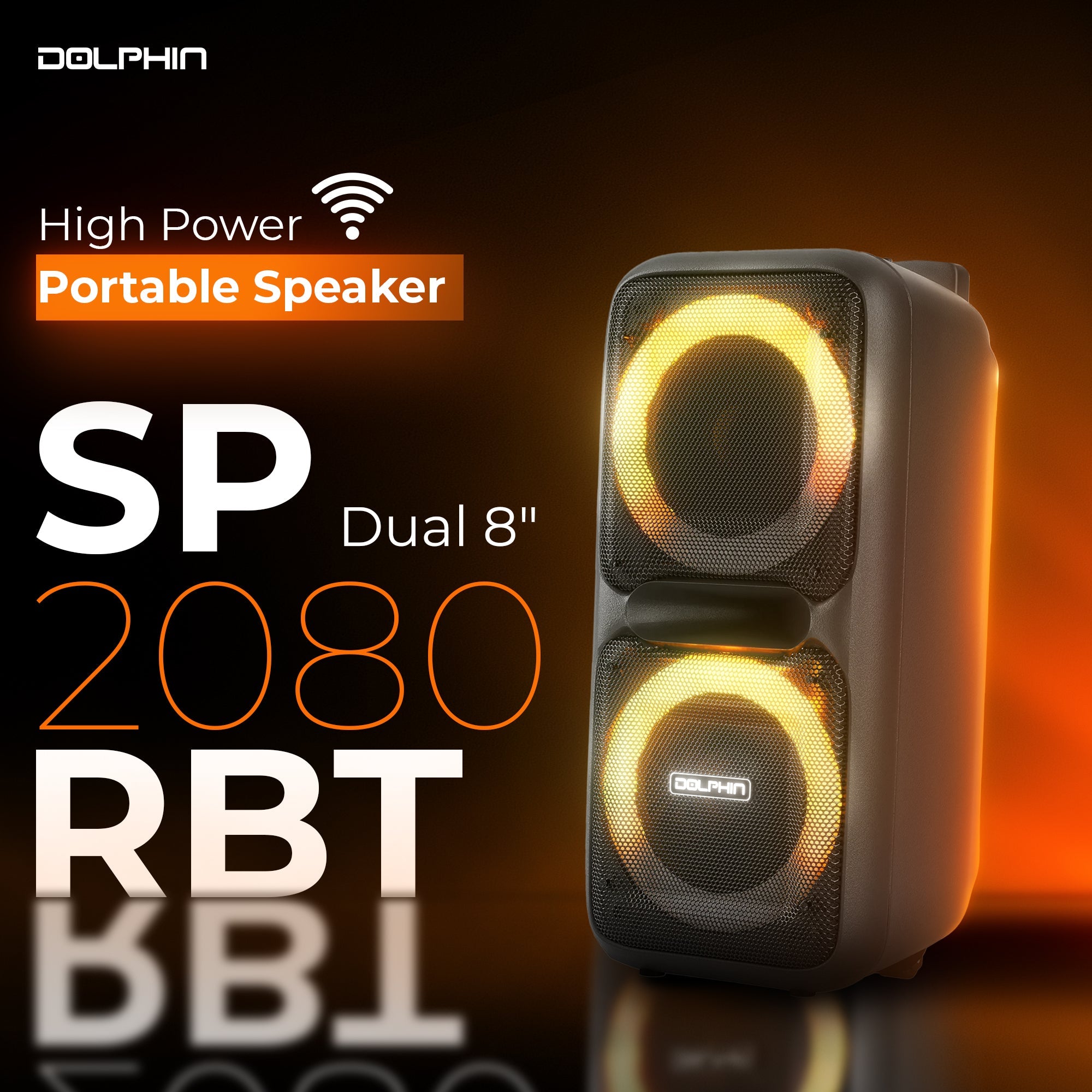 Dolphin SP-2080RBT Dual 8-Inch High Power Portable Bluetooth, Wireless Microphone, Deep Bass, LED Lights, USB/SD Card, Rechargeable Battery - Ideal for DJ, Outdoor & Indoor Events - Top ElectrosSpeakersSP-2080RBT810059431904