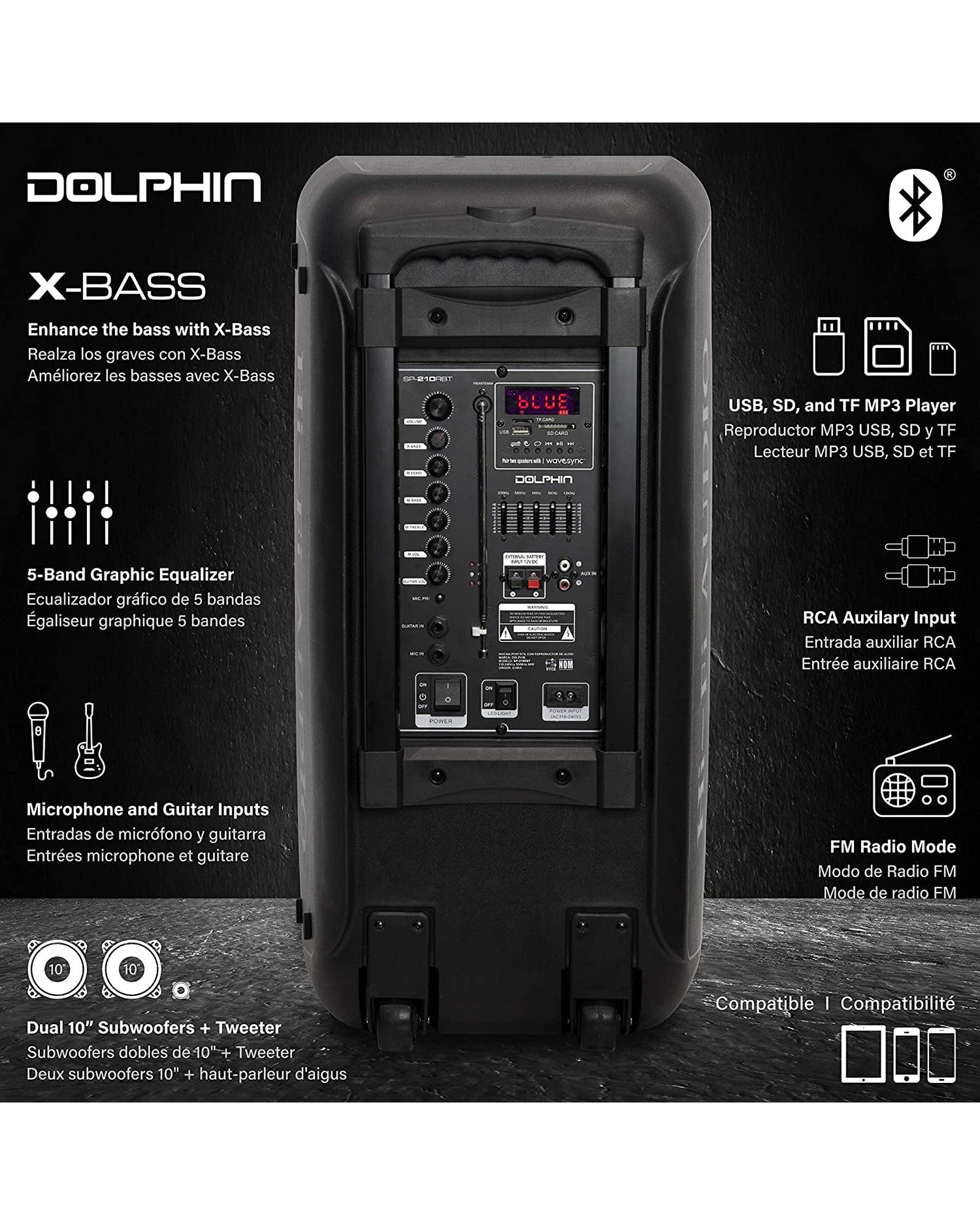 Dolphin SP-210RBT Party Speaker Wireless Bluetooth w/Wheels for Parties, Karaoke, DJ Speakers, Long Battery Life - Top ElectrosSpeakersSP-210RBT682055446769