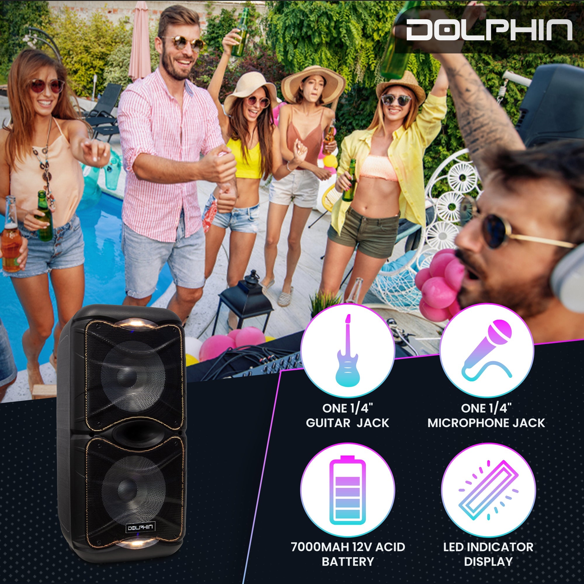 Dolphin SP-212RBT Portable Bluetooth Party Speaker with Lights and PA System with Expandable Battery - Top ElectrosSpeakersSP-212RBT682055446981