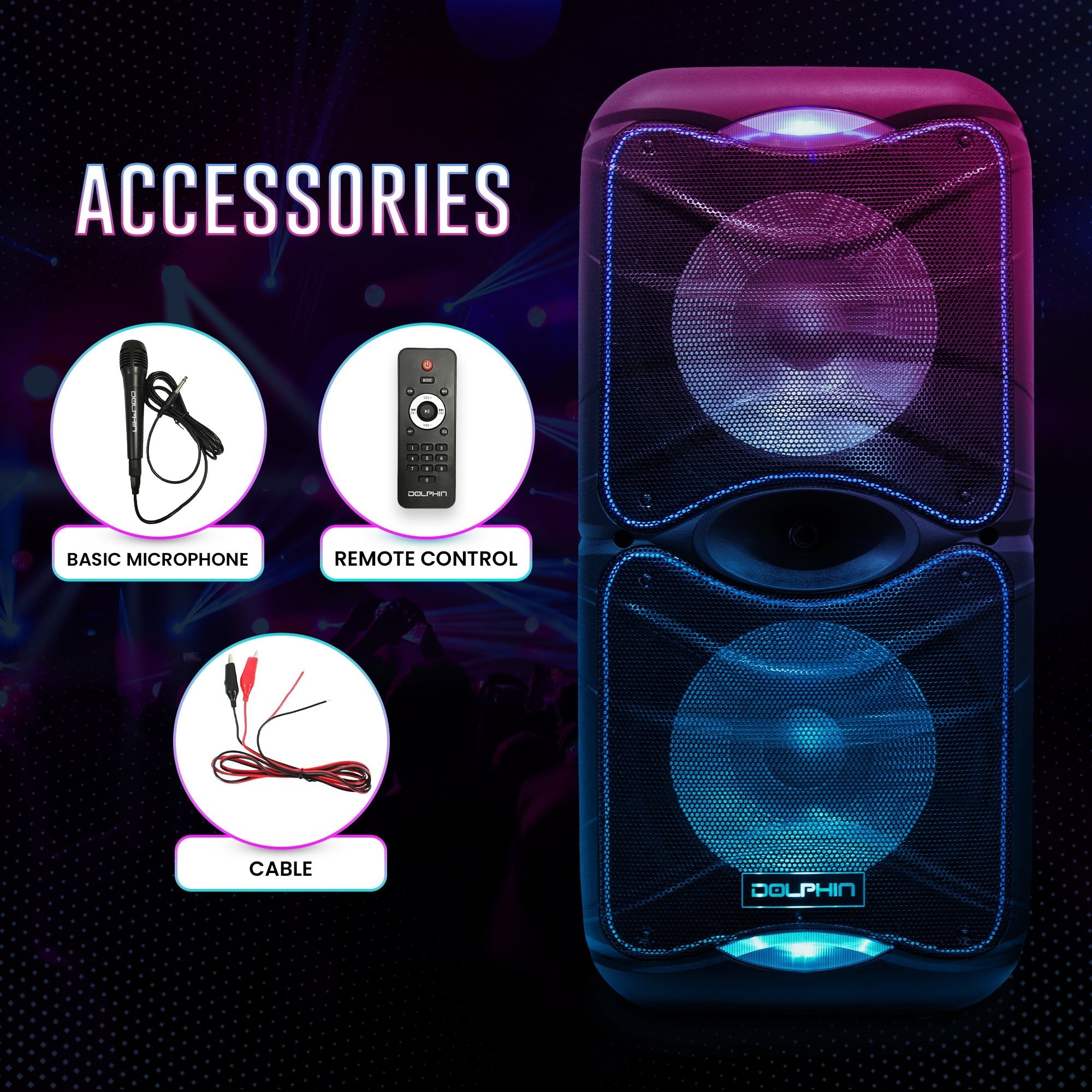 Dolphin SP-212RBT Portable Bluetooth Party Speaker with Lights and PA System with Expandable Battery - Top ElectrosSpeakersSP-212RBT682055446981