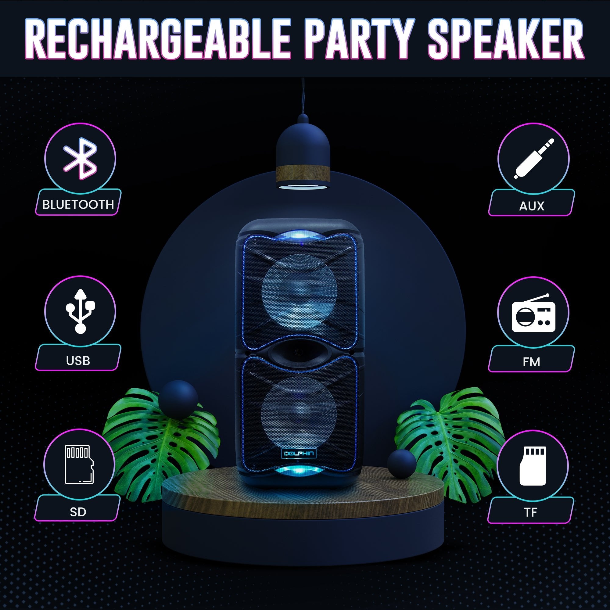 Dolphin SP-212RBT Portable Bluetooth Party Speaker with Lights and PA System with Expandable Battery - Top ElectrosSpeakersSP-212RBT682055446981