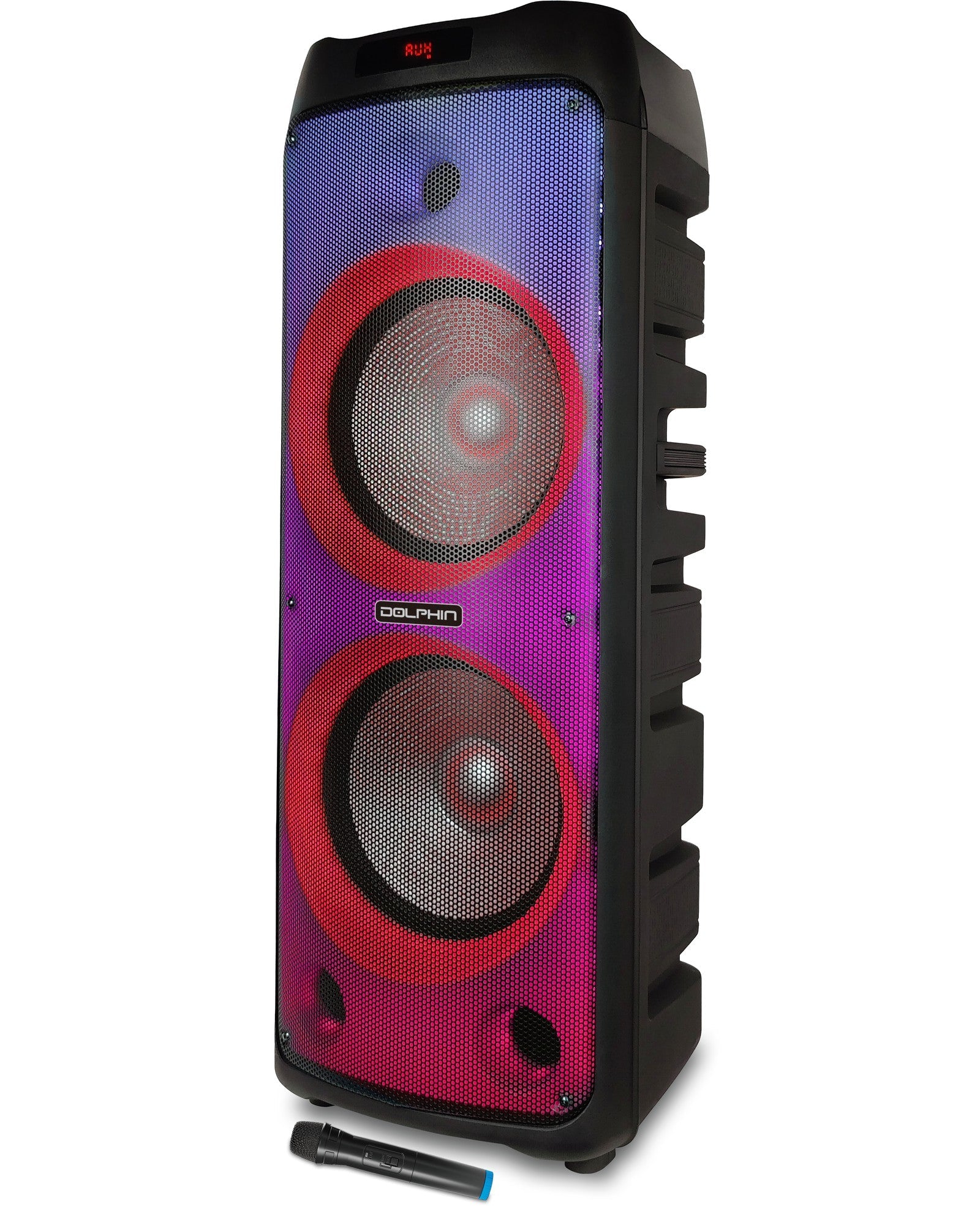 Dolphin SPF-1212R Powerful Sound & BASS 5100W | Portable Rechargeable Big Party Speaker | Dual 12", 3X 1 Tweeters | LED Party Lights, Handles and Wheels, Includes 2X Mic & Remote Control - Top ElectrosSpeakersSPF-1212R810059431263