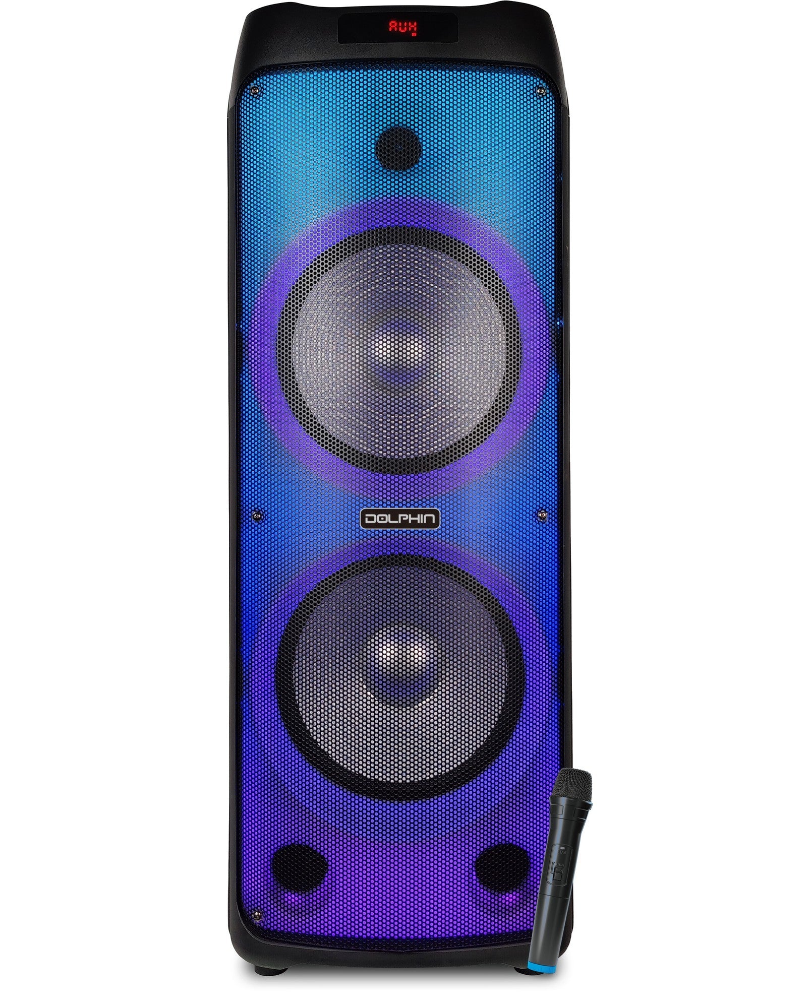 Dolphin SPF-1212R Powerful Sound & BASS 5100W | Portable Rechargeable Big Party Speaker | Dual 12", 3X 1 Tweeters | LED Party Lights, Handles and Wheels, Includes 2X Mic & Remote Control - Top ElectrosSpeakersSPF-1212R810059431263
