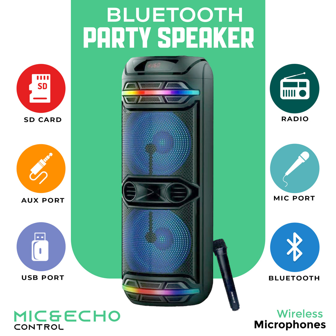 Loud Rechargeable Bluetooth Party Speaker – Dual 12” Woofers, Deep Bass, Clear Highs & Lows, LED Lights, Wireless Mic, USB, FM Radio, 40W RMS