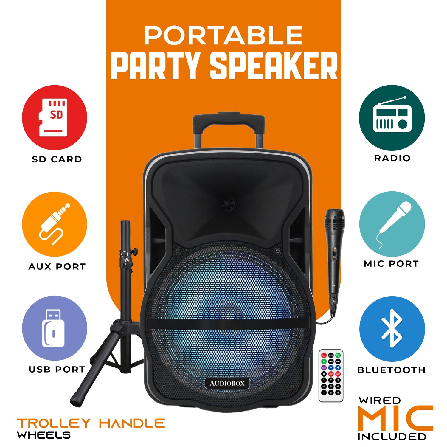 ABX - 12S 12&quot; PA Speaker with Stand and LED Lights - Perfect for Mobile DJs and Outdoor Parties - Top ElectrosSpeakersABX - 12S810059430129