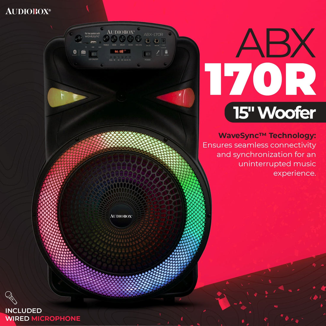 ABX-170R Portable 15&quot; PA Speaker with Party Lights, Microphone, and Wheel Trolley - Ideal for Karaoke &amp; Events - Top ElectrosSpeakersABX-170R810059431973
