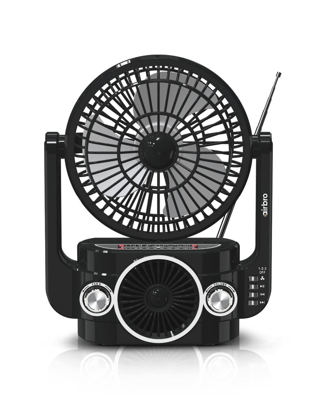 Airbro RXF - 20 Rechargeable Fan &amp; Speaker – AM/FM/SW Radio, 3 - Speed Fan, Bluetooth, MP3, Type - C Charging - Top ElectrosPortable FanRXF - 20